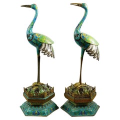 Chinese Qing Cloisonne Enamel Crane Figurines 19Th C