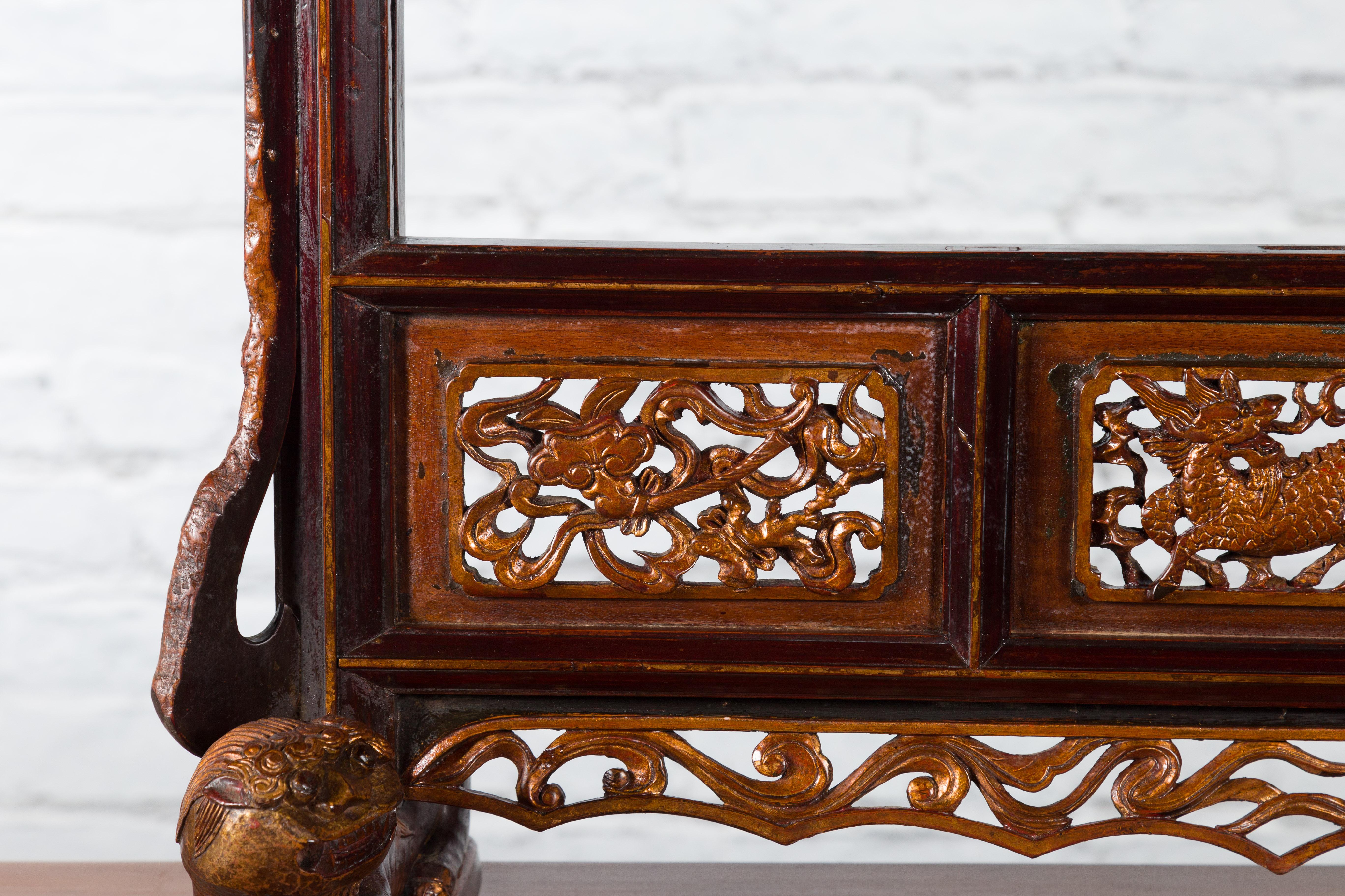 Wood Chinese Qing Dynasty 18th Century Mirror Frame with Hand-Carved Mythical Motifs