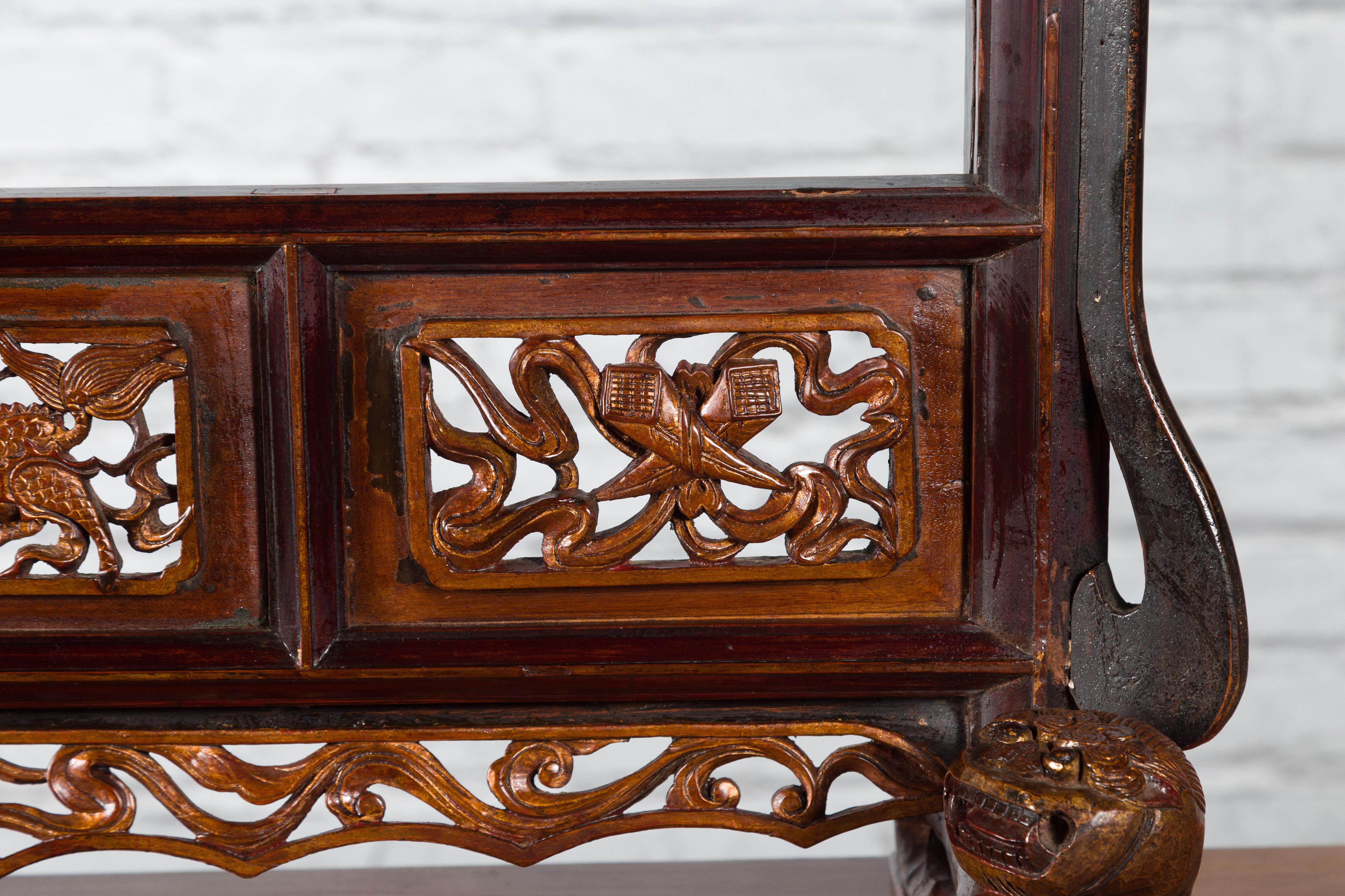 Chinese Qing Dynasty 18th Century Mirror Frame with Hand-Carved Mythical Motifs 2