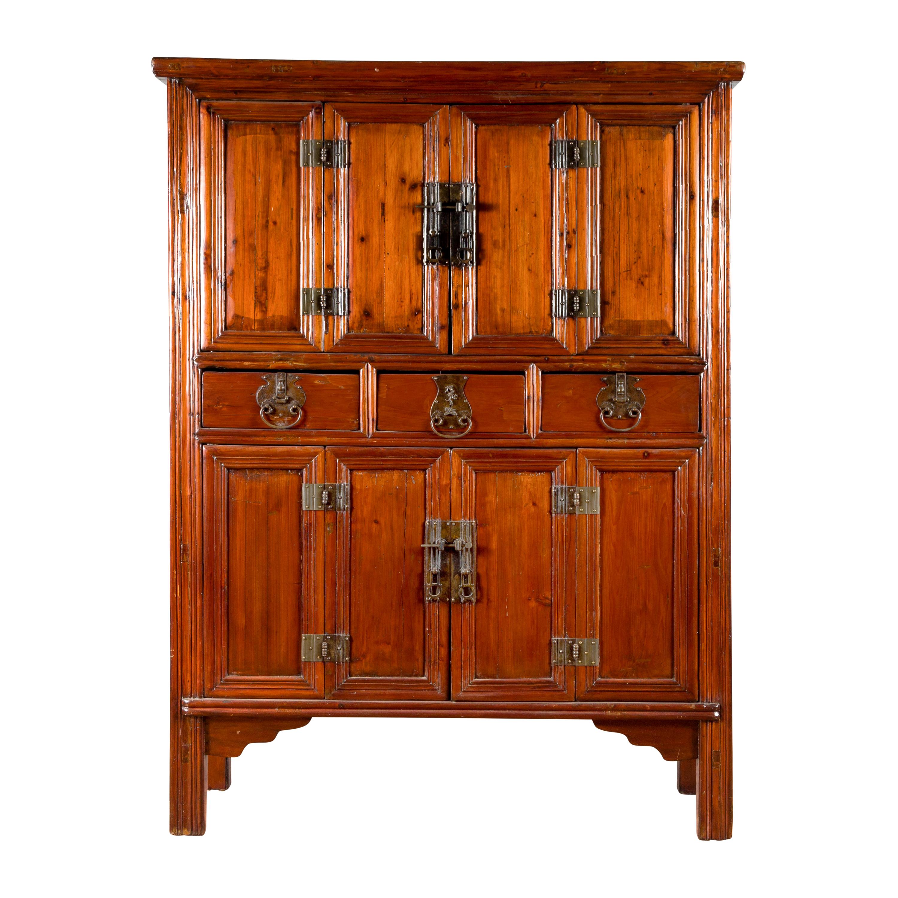 Chinese Qing Dynasty 19th Century Accordion Doors Cabinet with Three Drawers For Sale