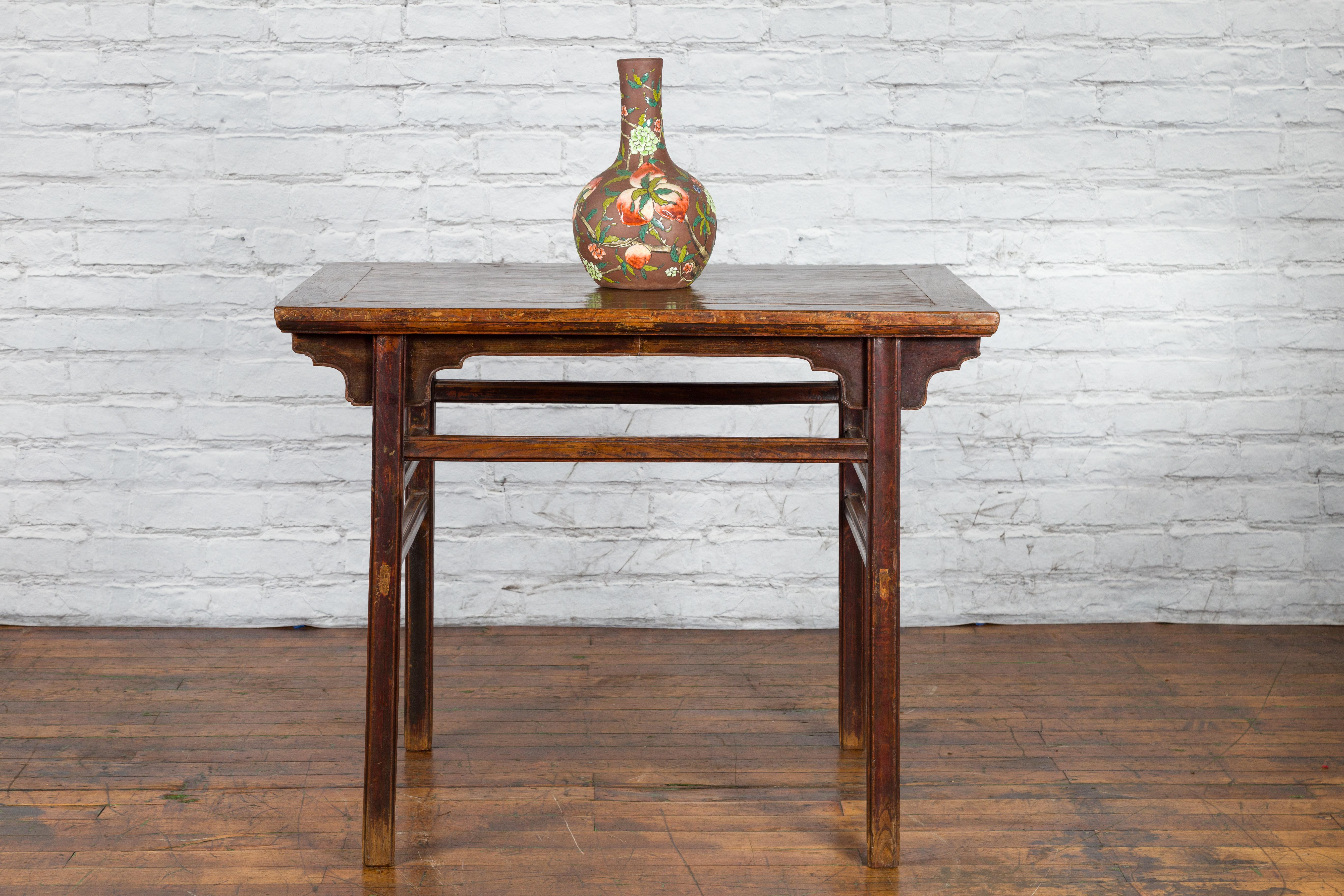 Wood Chinese Qing Dynasty 19th Century Altar Console Table with Carved Apron For Sale