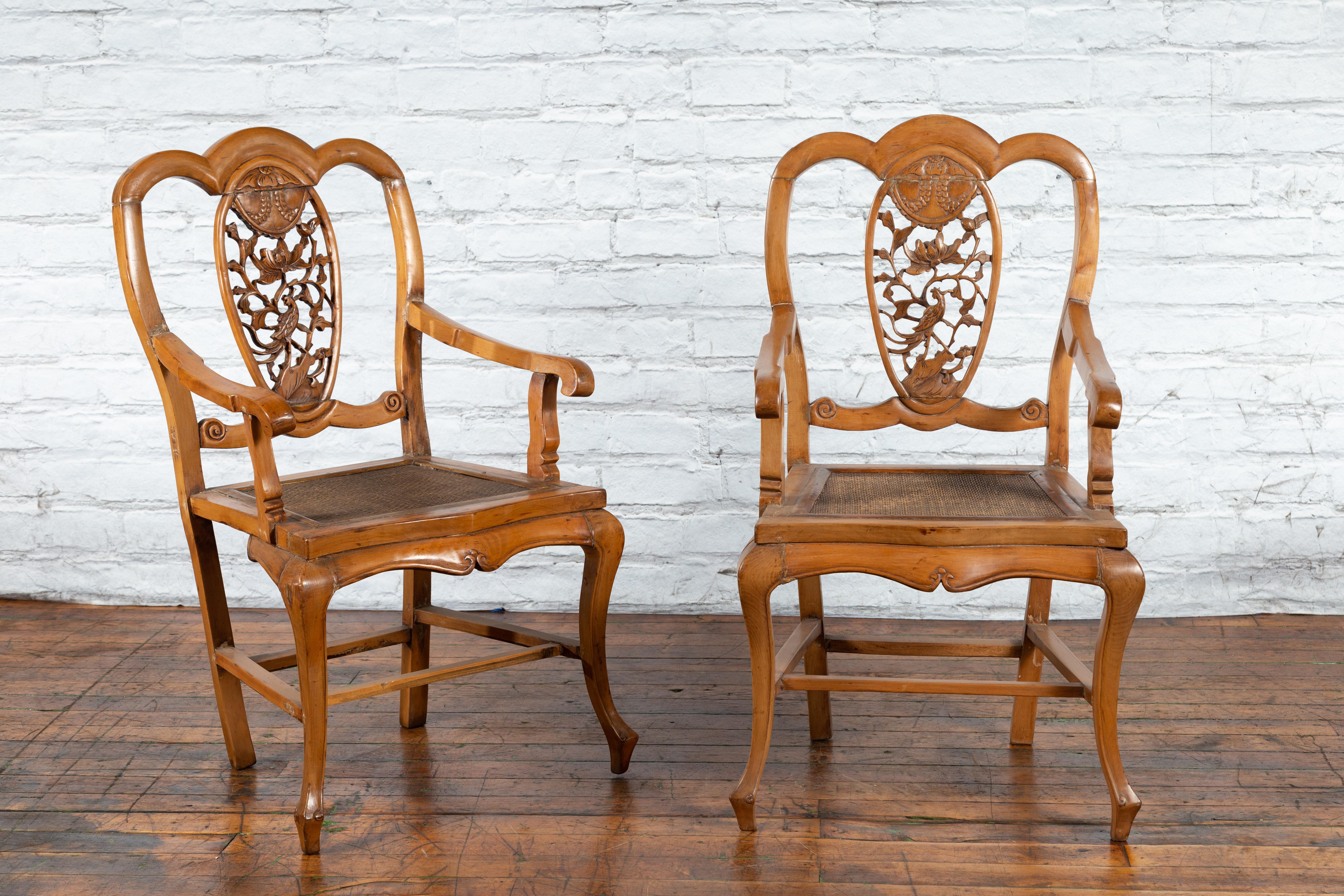 Hand-Carved Chinese Qing Dynasty 19th Century Armchair with Carved Medallion, Sold Each For Sale