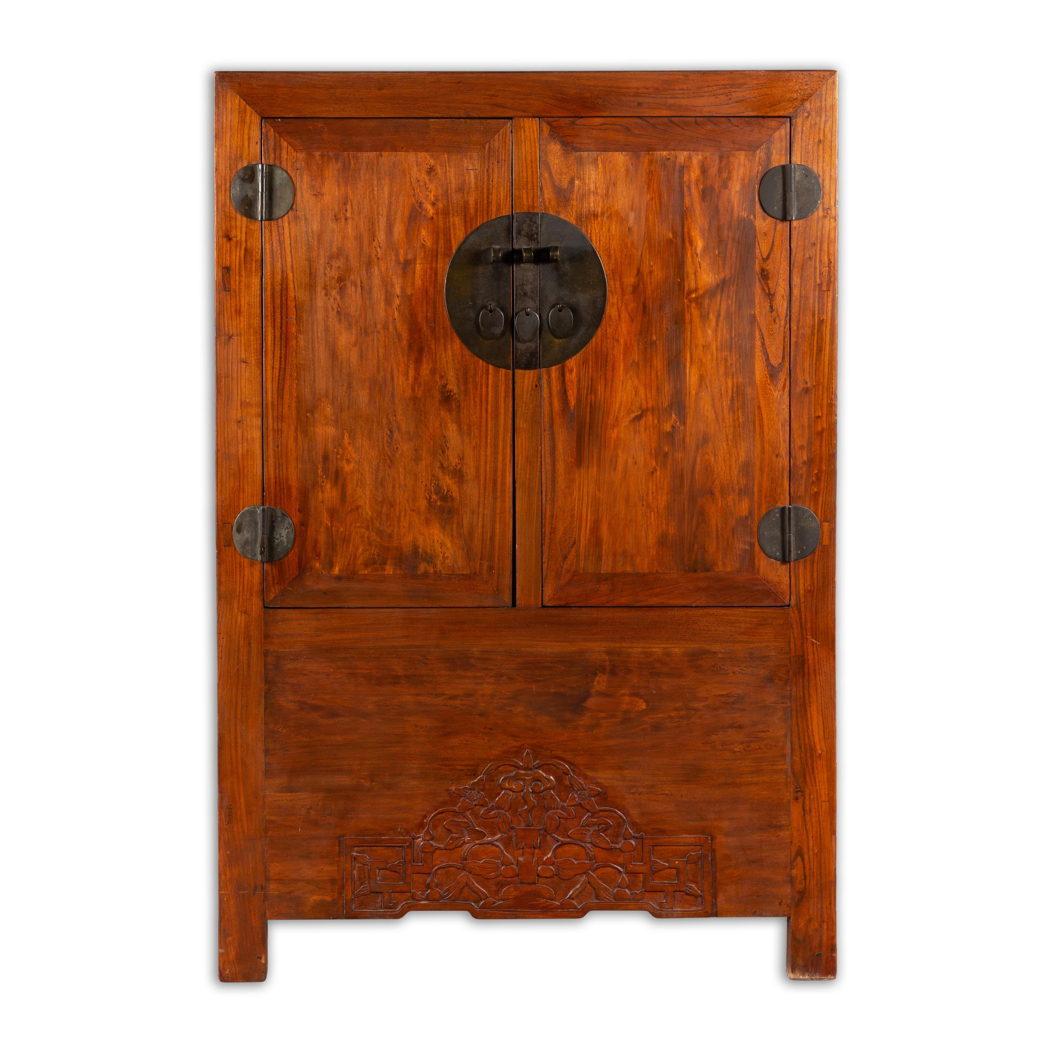 Chinese Qing Dynasty 19th Century Armoire with Carved Skirt and Large Medallion For Sale 12
