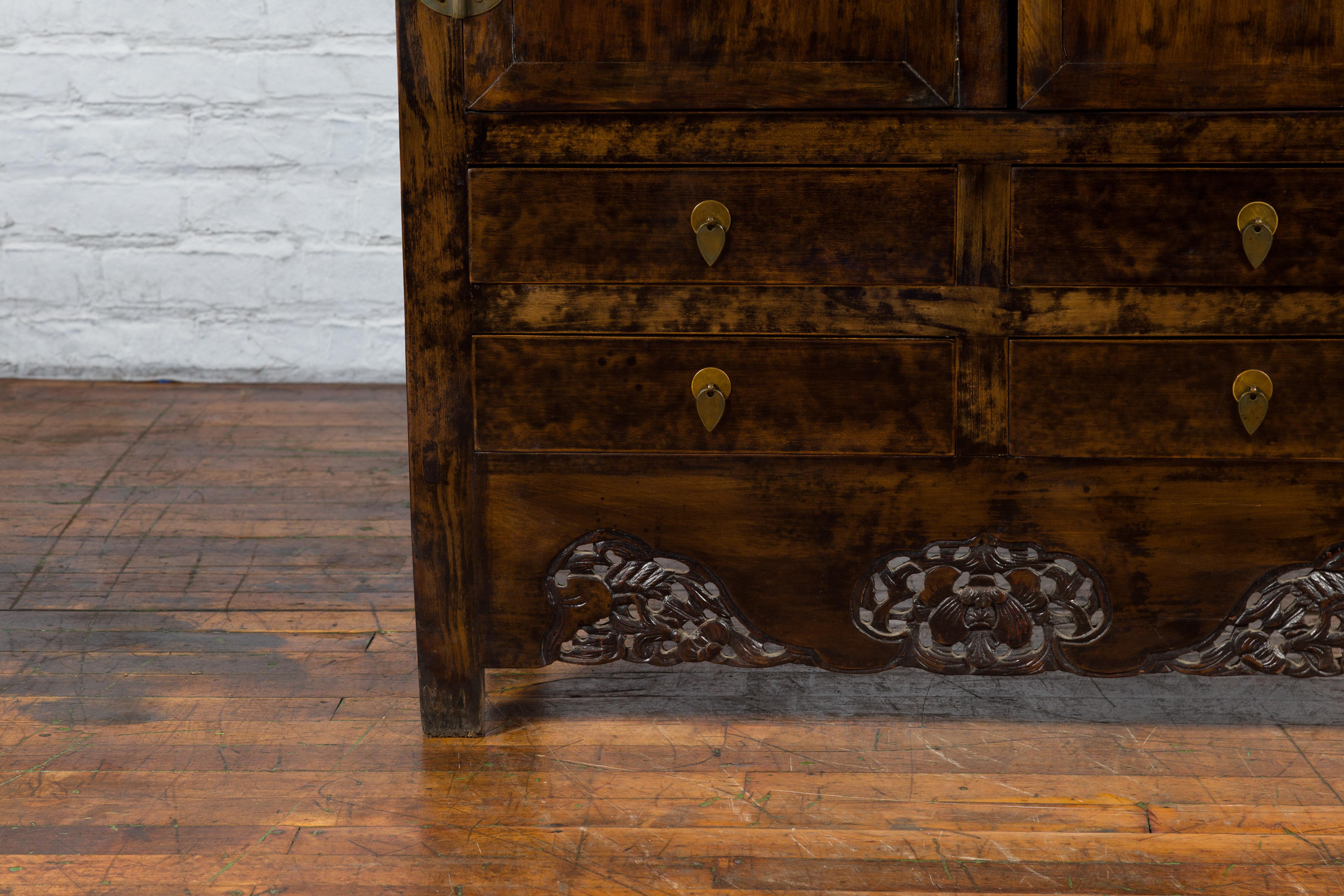 Chinese Qing Dynasty 19th Century Armoire with Carved Skirt, Doors and Drawers For Sale 6