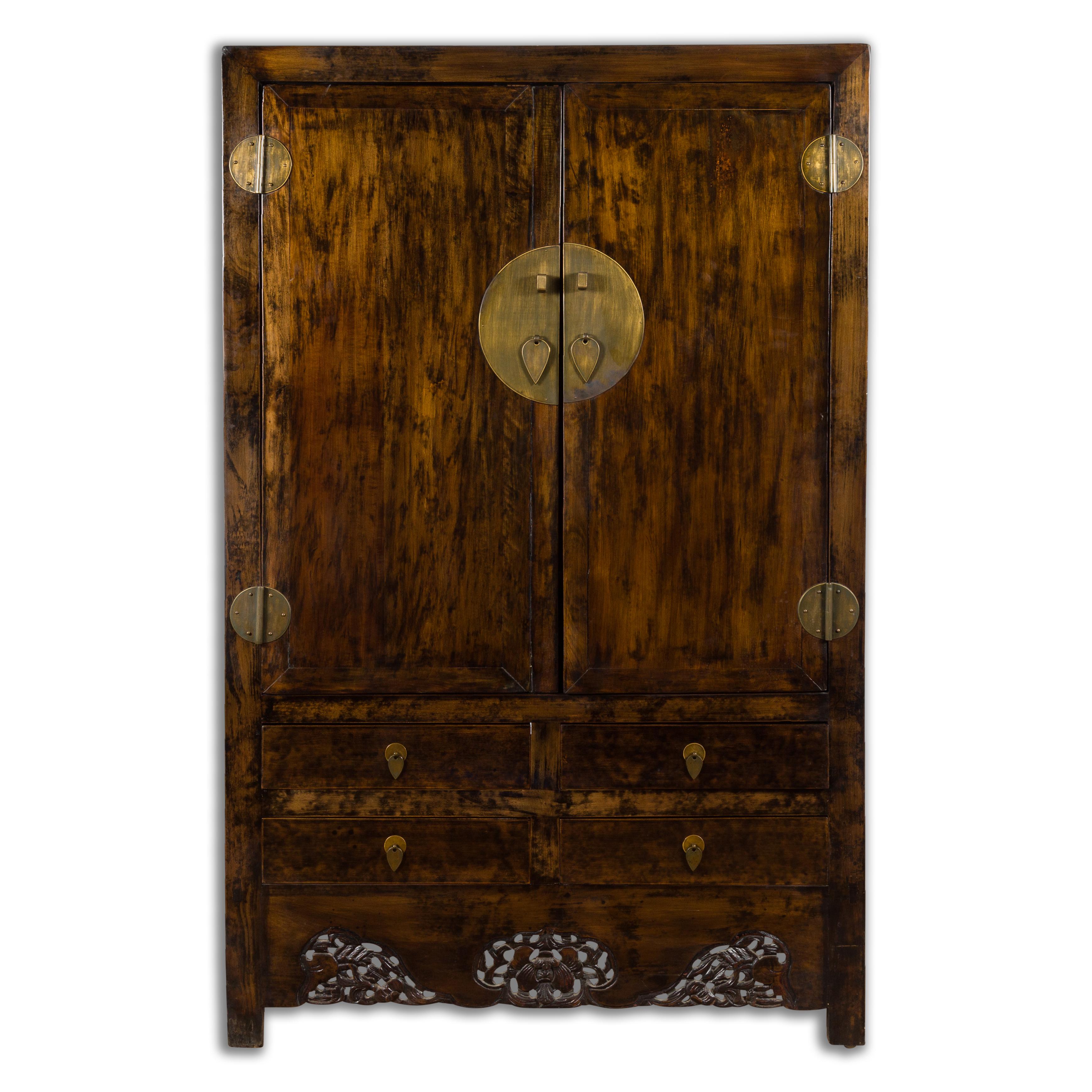 Chinese Qing Dynasty 19th Century Armoire with Carved Skirt, Doors and Drawers For Sale 9