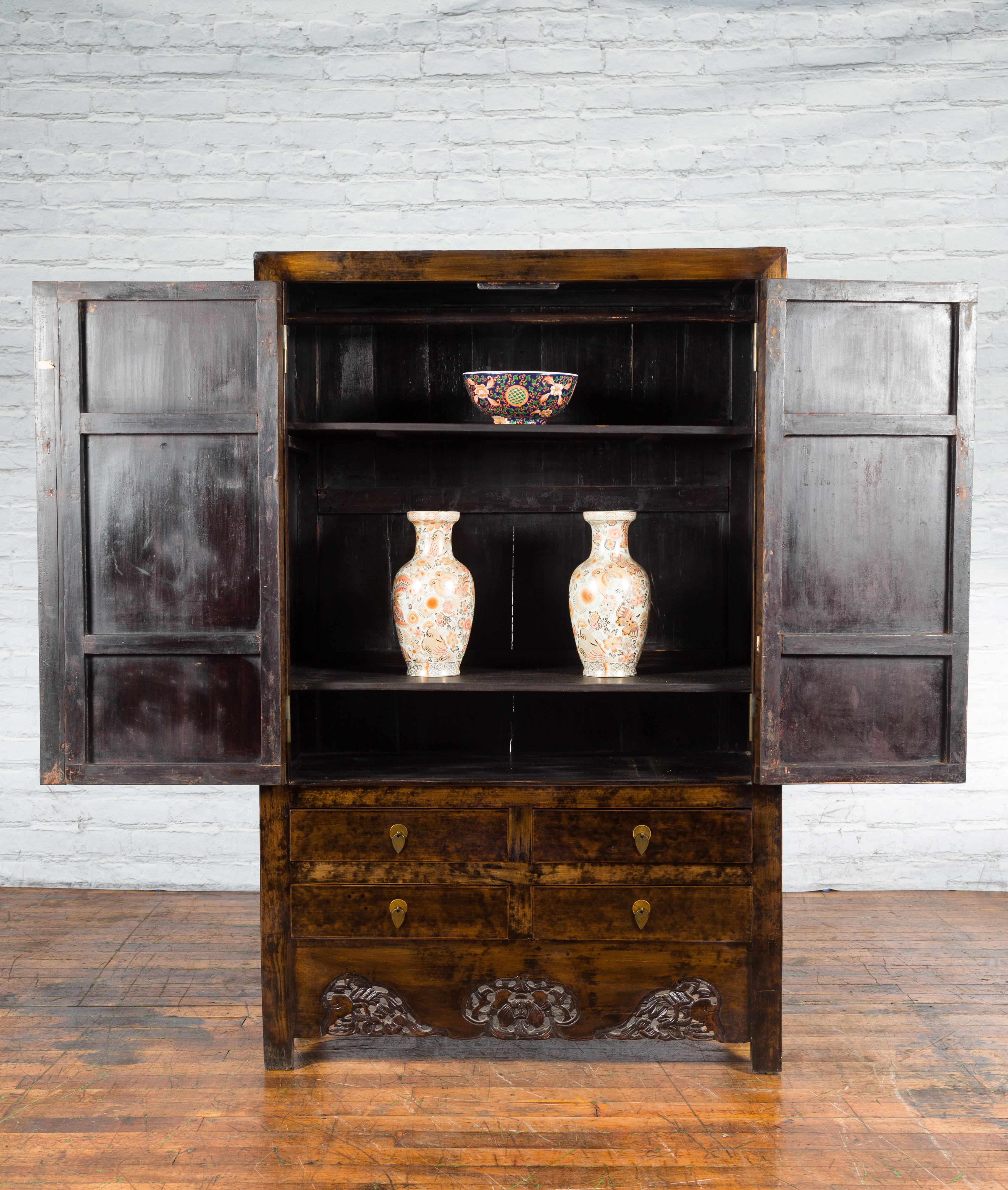 Brass Chinese Qing Dynasty 19th Century Armoire with Carved Skirt, Doors and Drawers For Sale