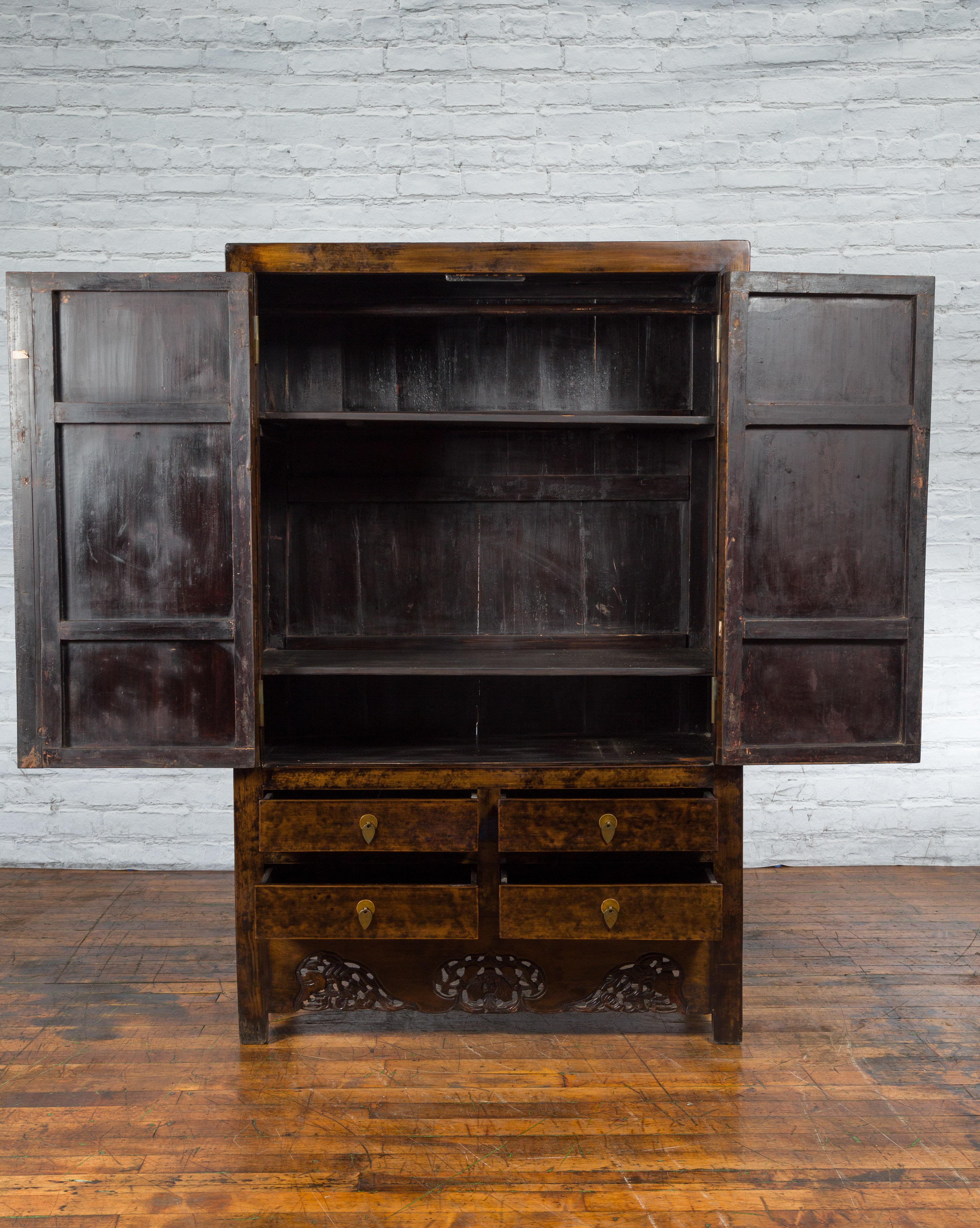 Chinese Qing Dynasty 19th Century Armoire with Carved Skirt, Doors and Drawers For Sale 1