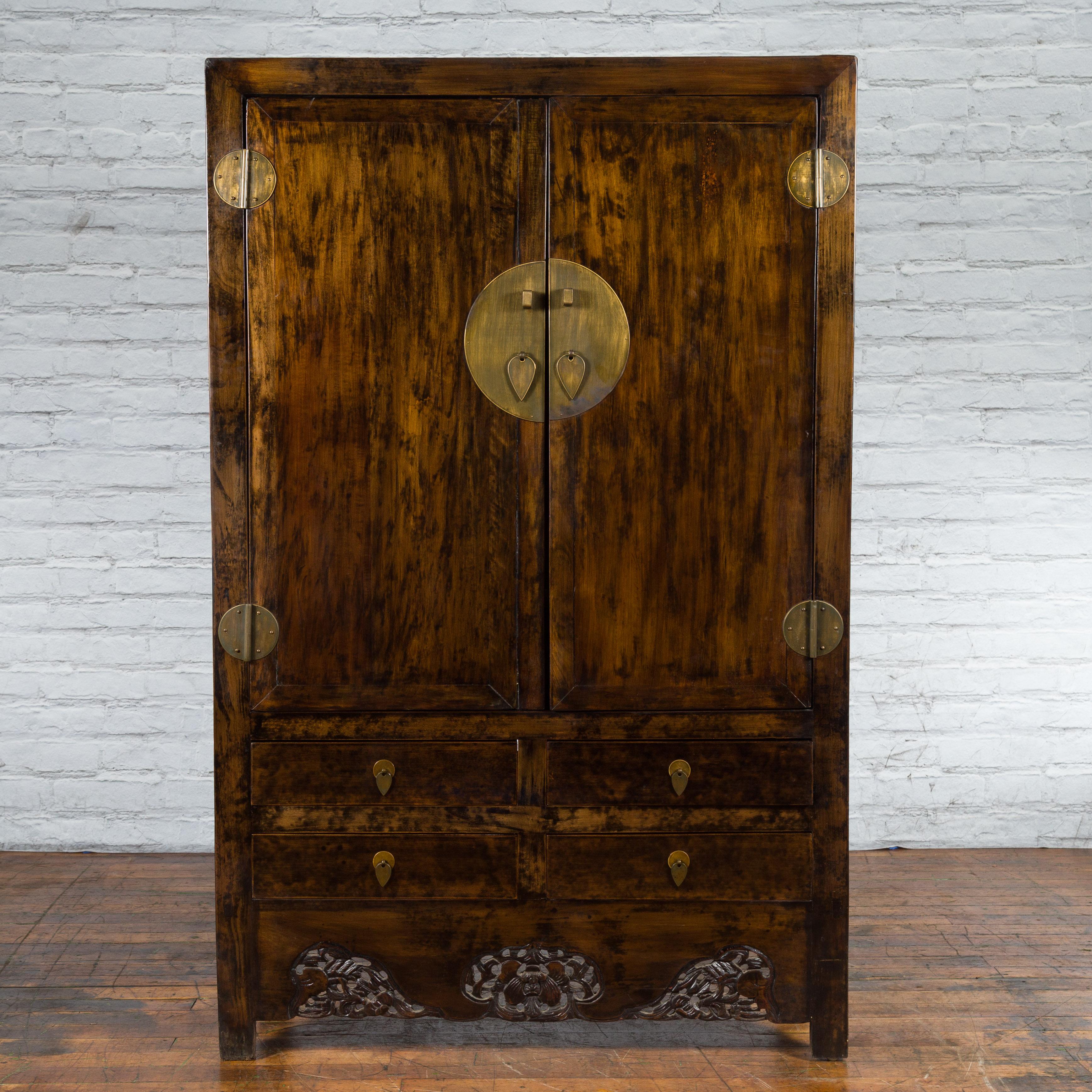 Chinese Qing Dynasty 19th Century Armoire with Carved Skirt, Doors and Drawers For Sale 2