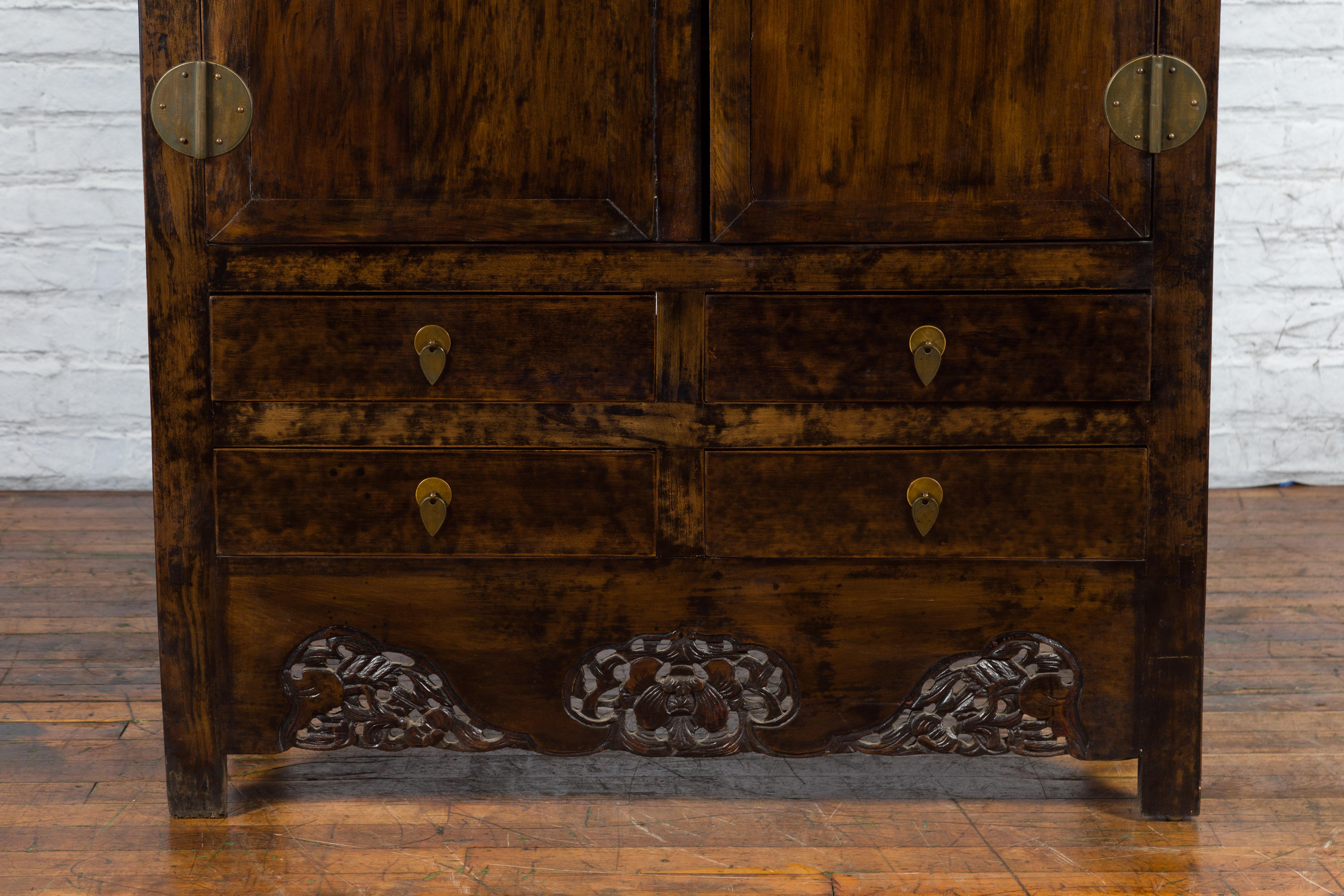 Chinese Qing Dynasty 19th Century Armoire with Carved Skirt, Doors and Drawers For Sale 5