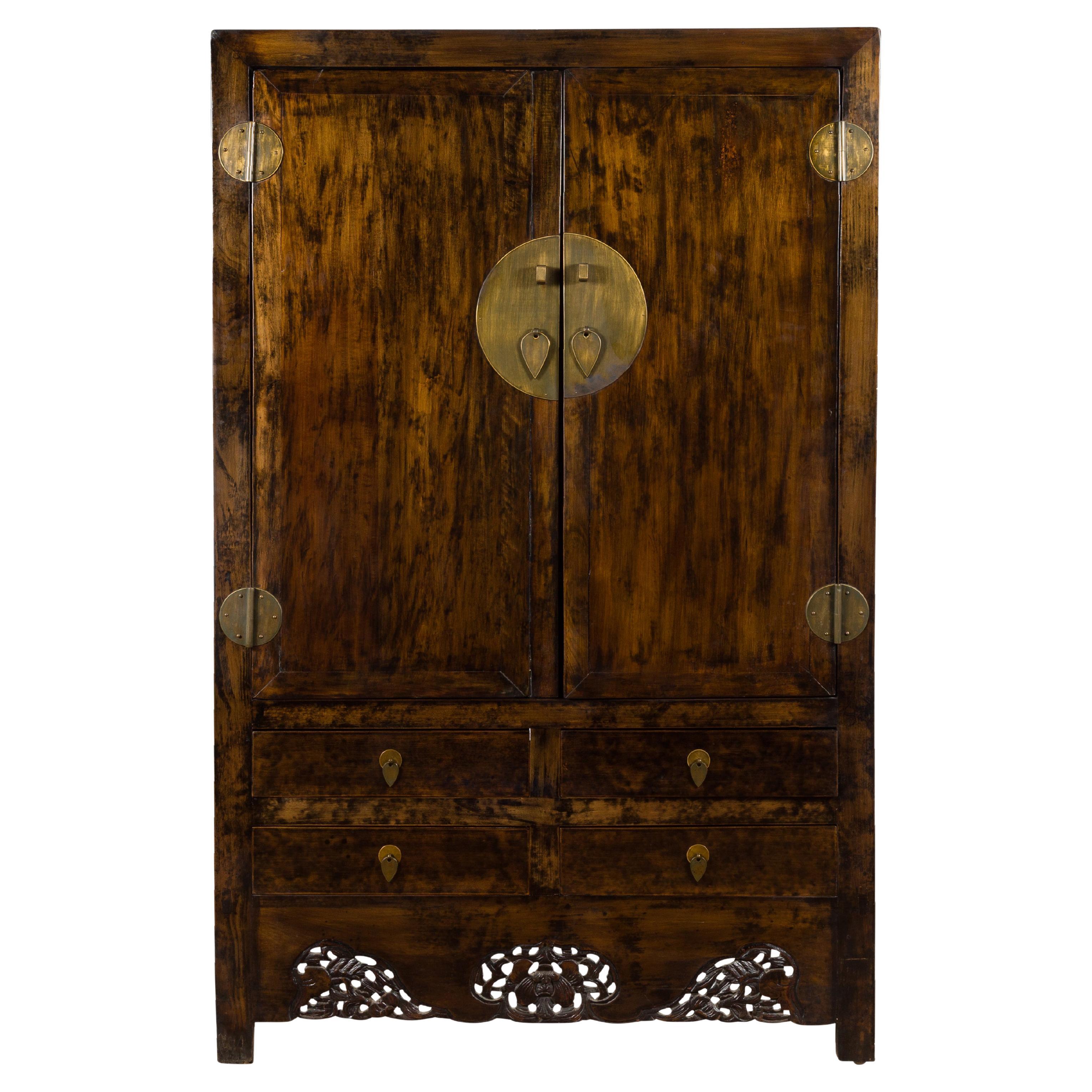 Chinese Qing Dynasty 19th Century Armoire with Carved Skirt, Doors and Drawers For Sale