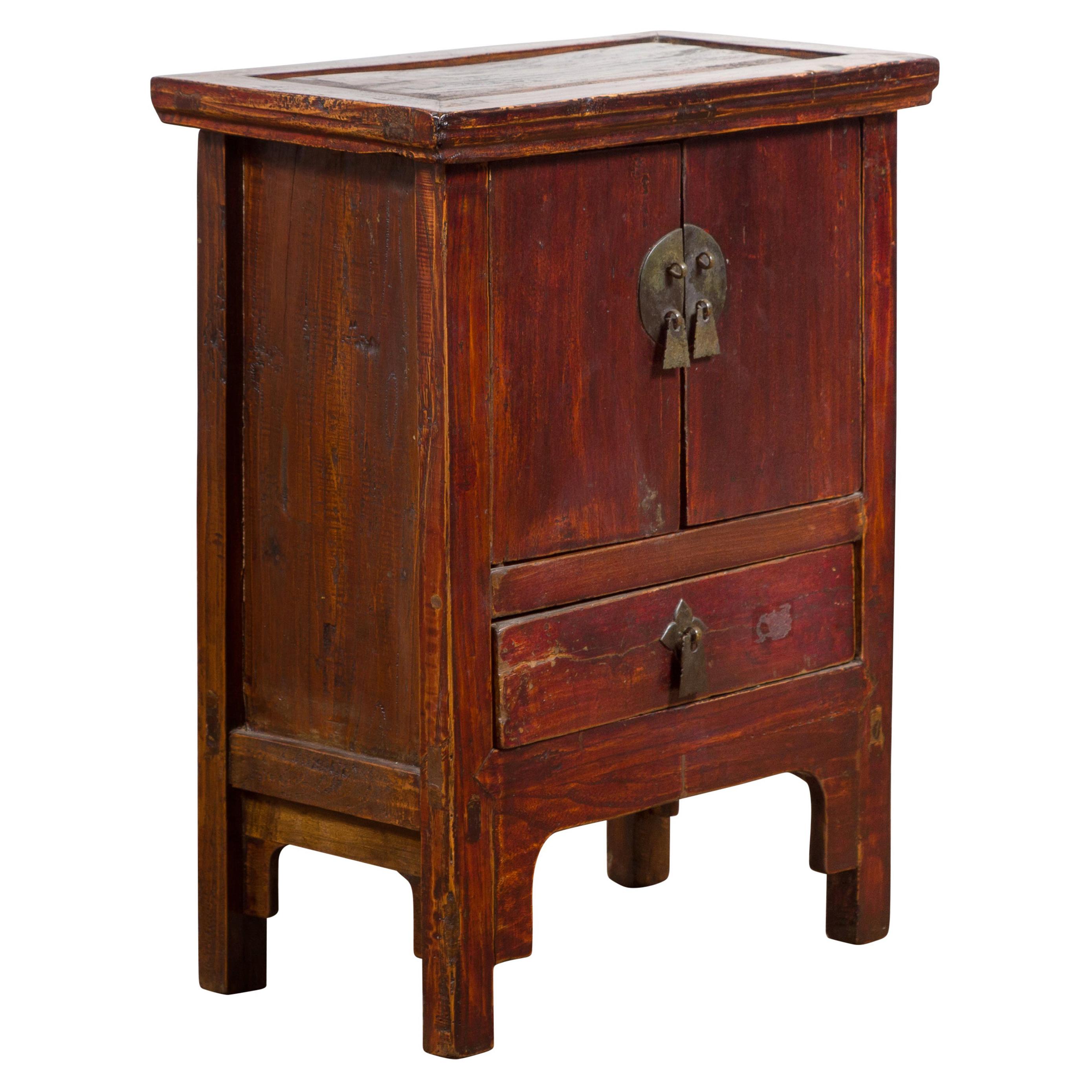Chinese Qing Dynasty 19th Century Bedside Table with Double Doors and Low Drawer