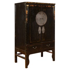 Chinese Qing Dynasty 19th Century Black and Gold Cabinet with Chinoiserie Motifs