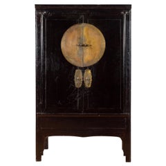 Chinese Qing Dynasty 19th Century Black Lacquer Cabinet with Large Medallion