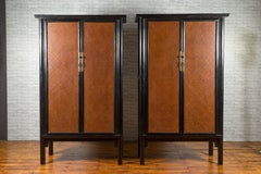 Chinese Qing Dynasty 19th Century Black Lacquered Cabinet with Rattan Doors