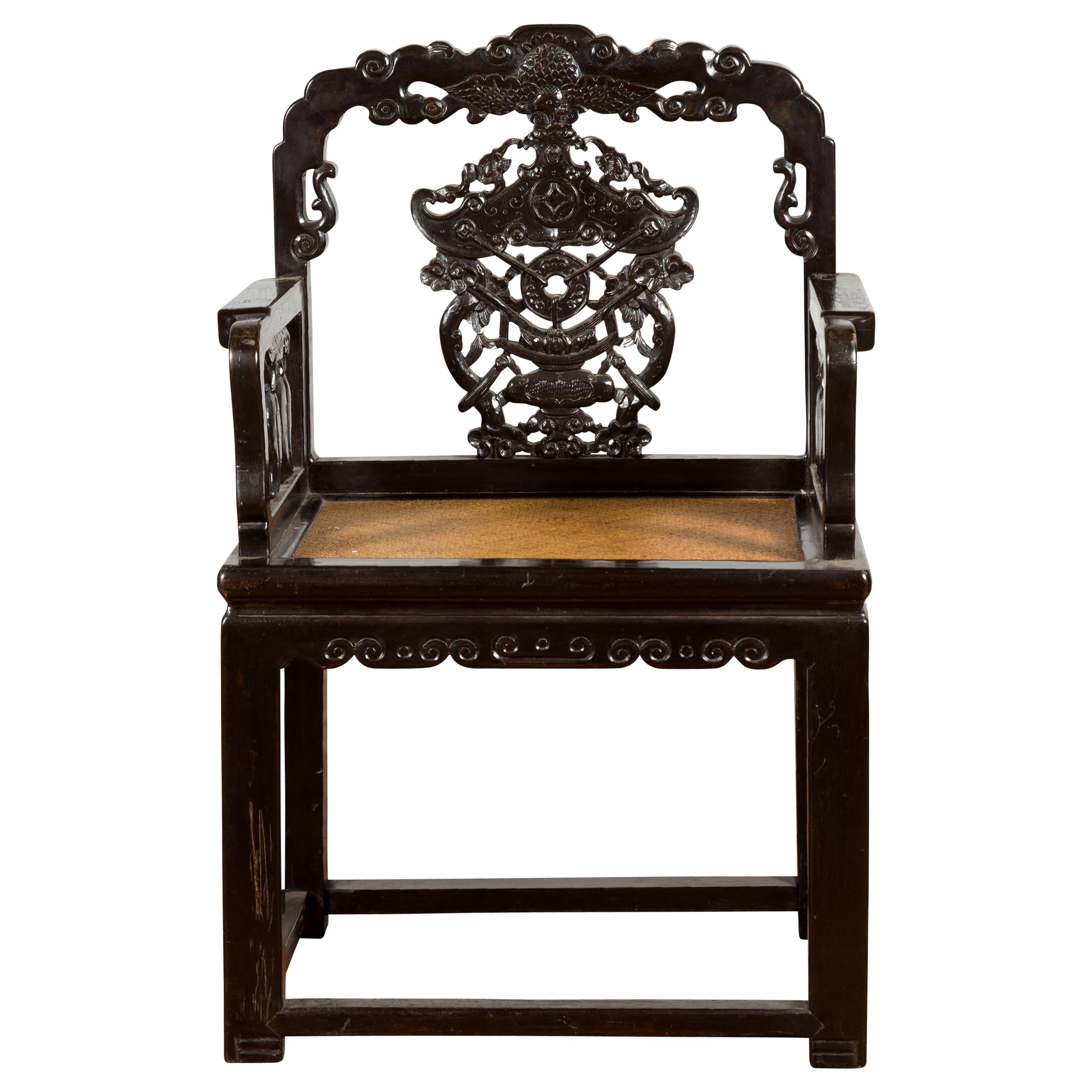 Chinese Qing Dynasty 19th Century Black Lacquered Hand Carved Chair with Rattan