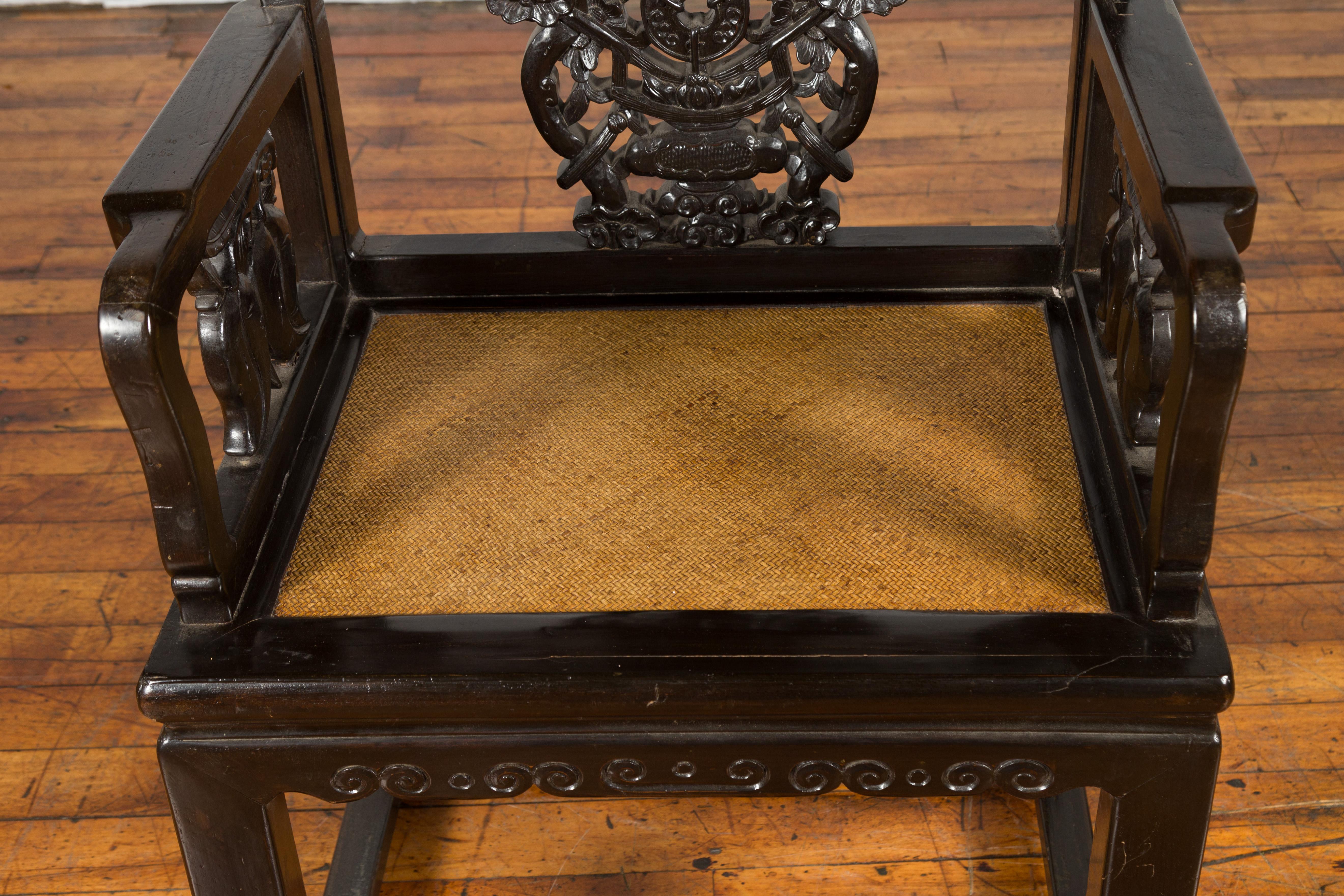 Chinese Qing Dynasty 19th Century Black Lacquered Hand Carved Chair with Rattan 6