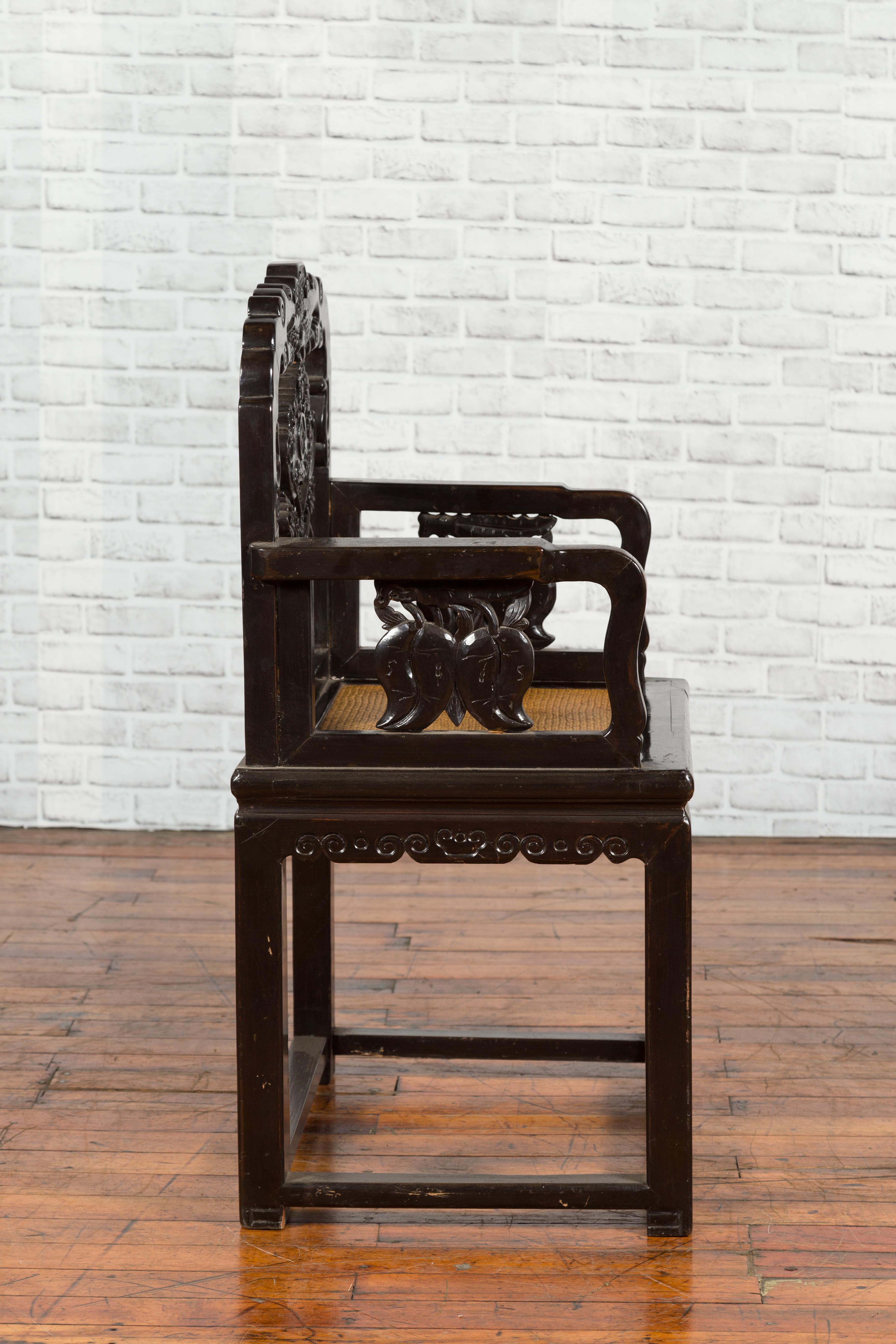 Chinese Qing Dynasty 19th Century Black Lacquered Hand Carved Chair with Rattan 7