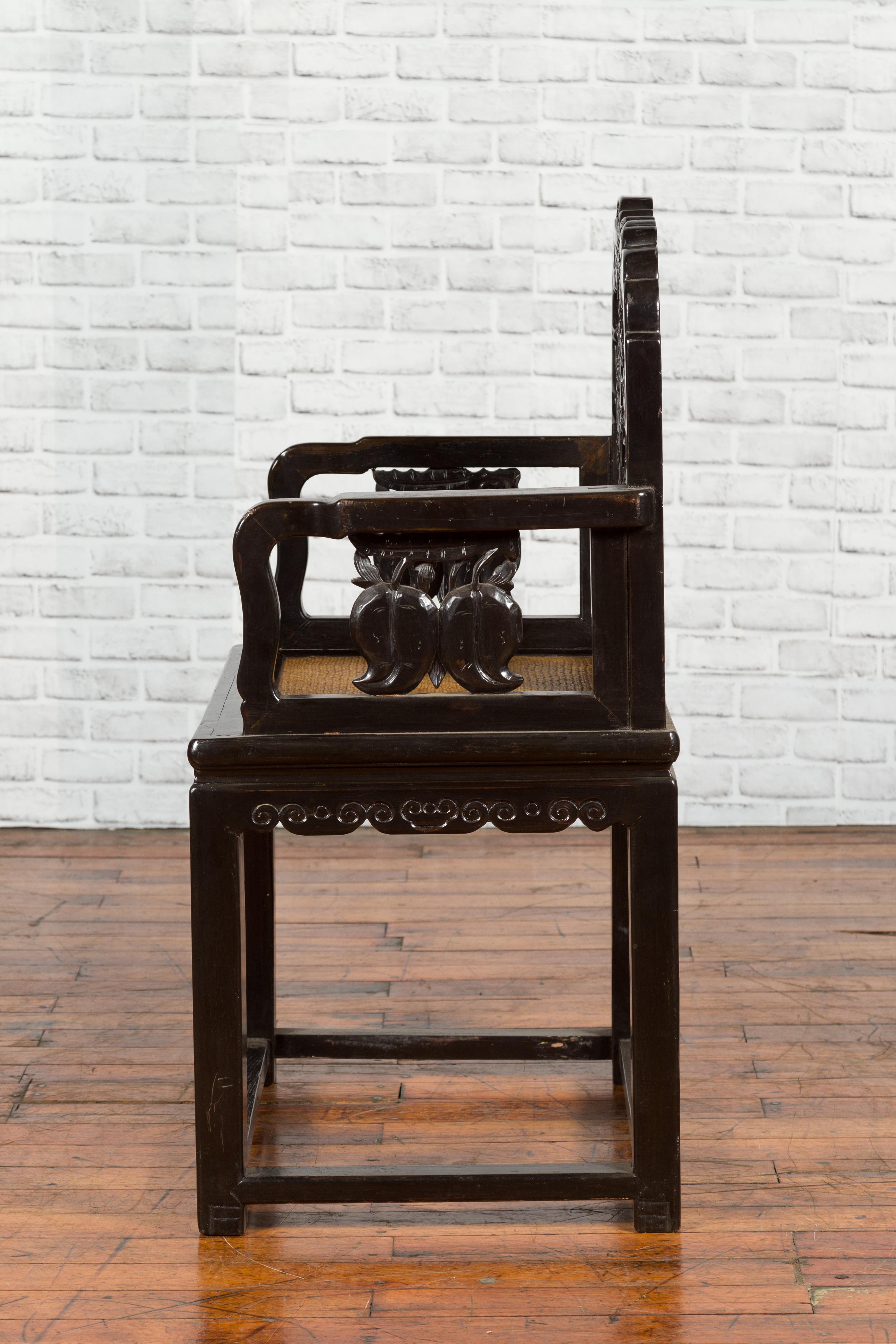 Chinese Qing Dynasty 19th Century Black Lacquered Hand Carved Chair with Rattan 10