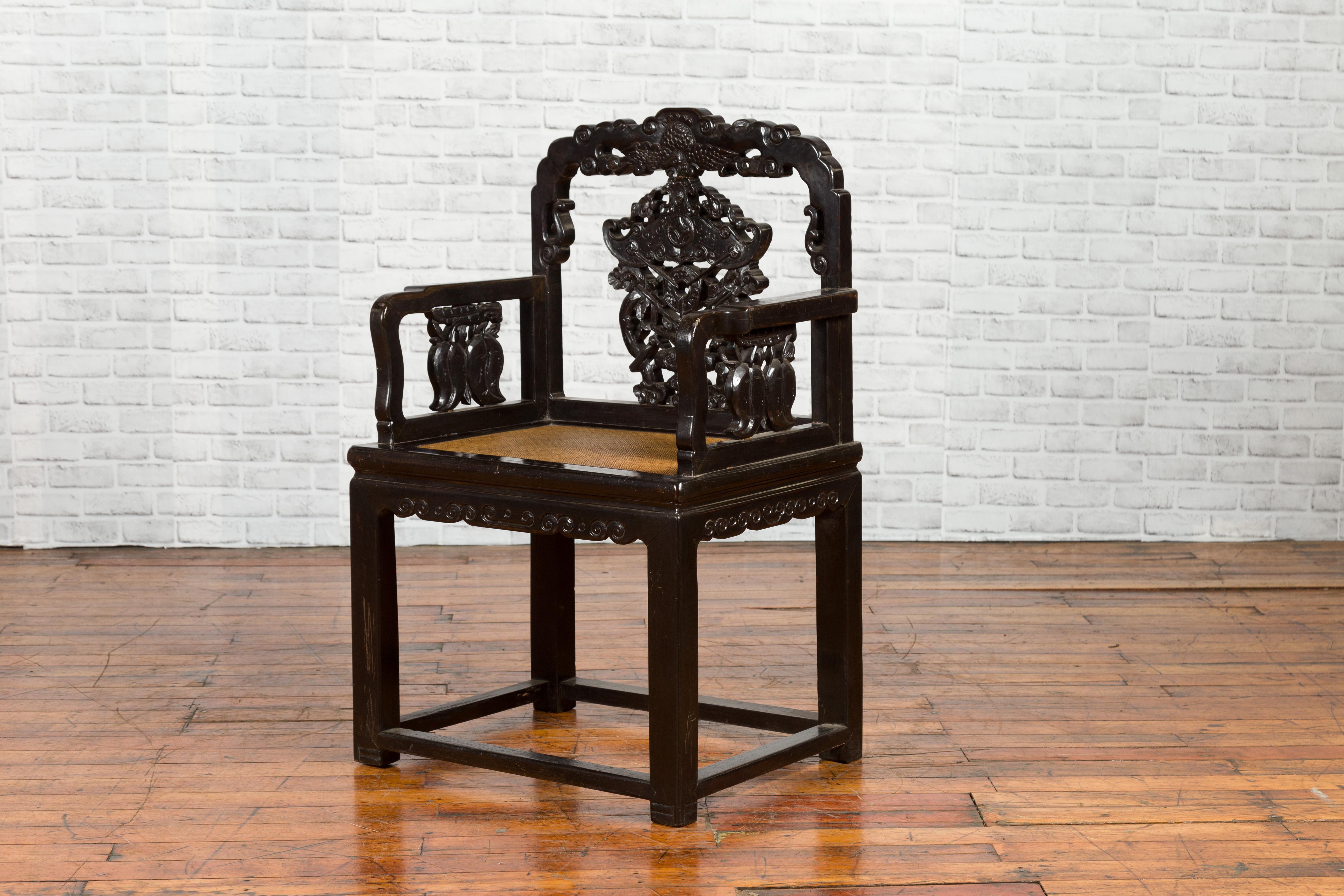 Chinese Qing Dynasty 19th Century Black Lacquered Hand Carved Chair with Rattan 11