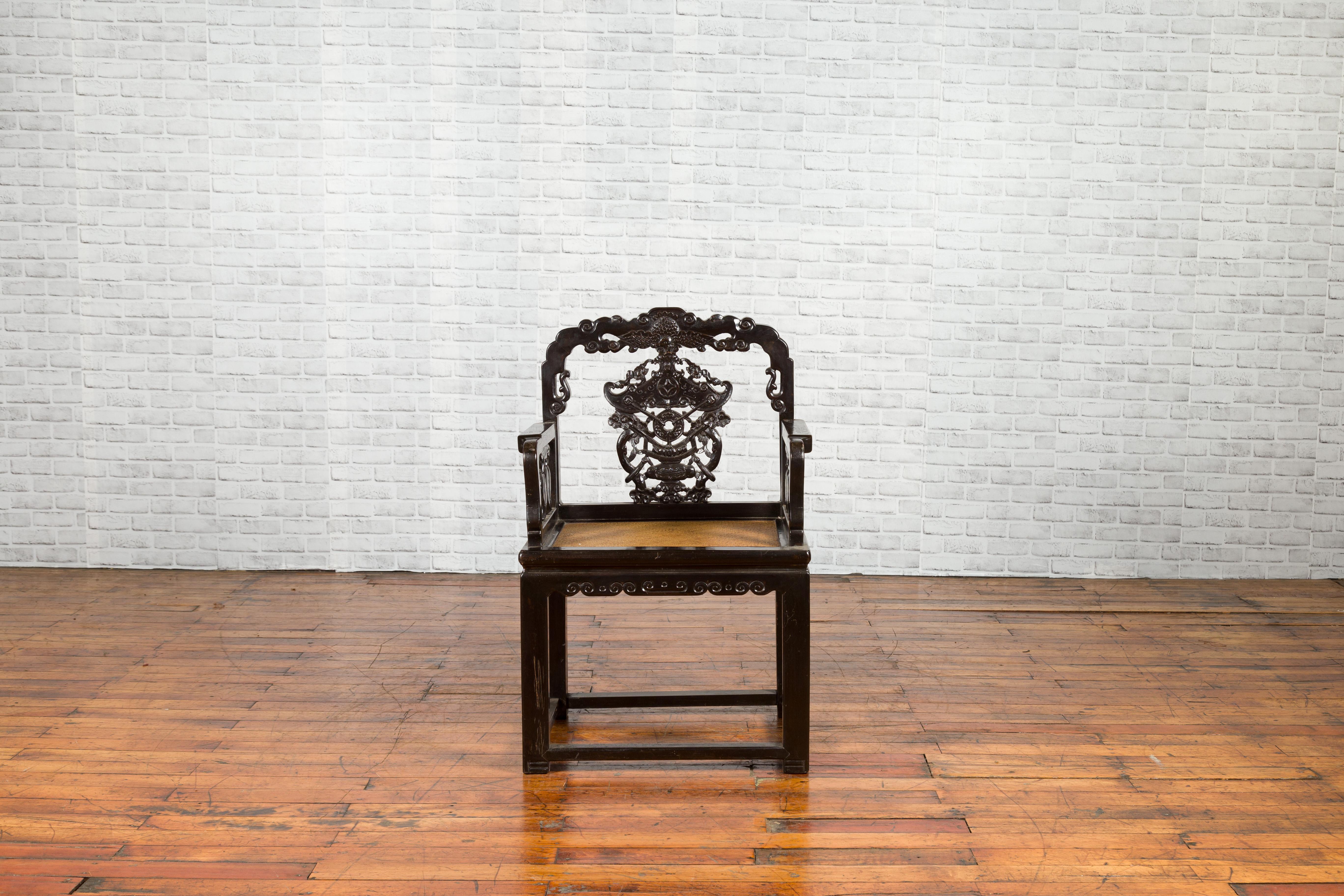 Hand-Carved Chinese Qing Dynasty 19th Century Black Lacquered Hand Carved Chair with Rattan