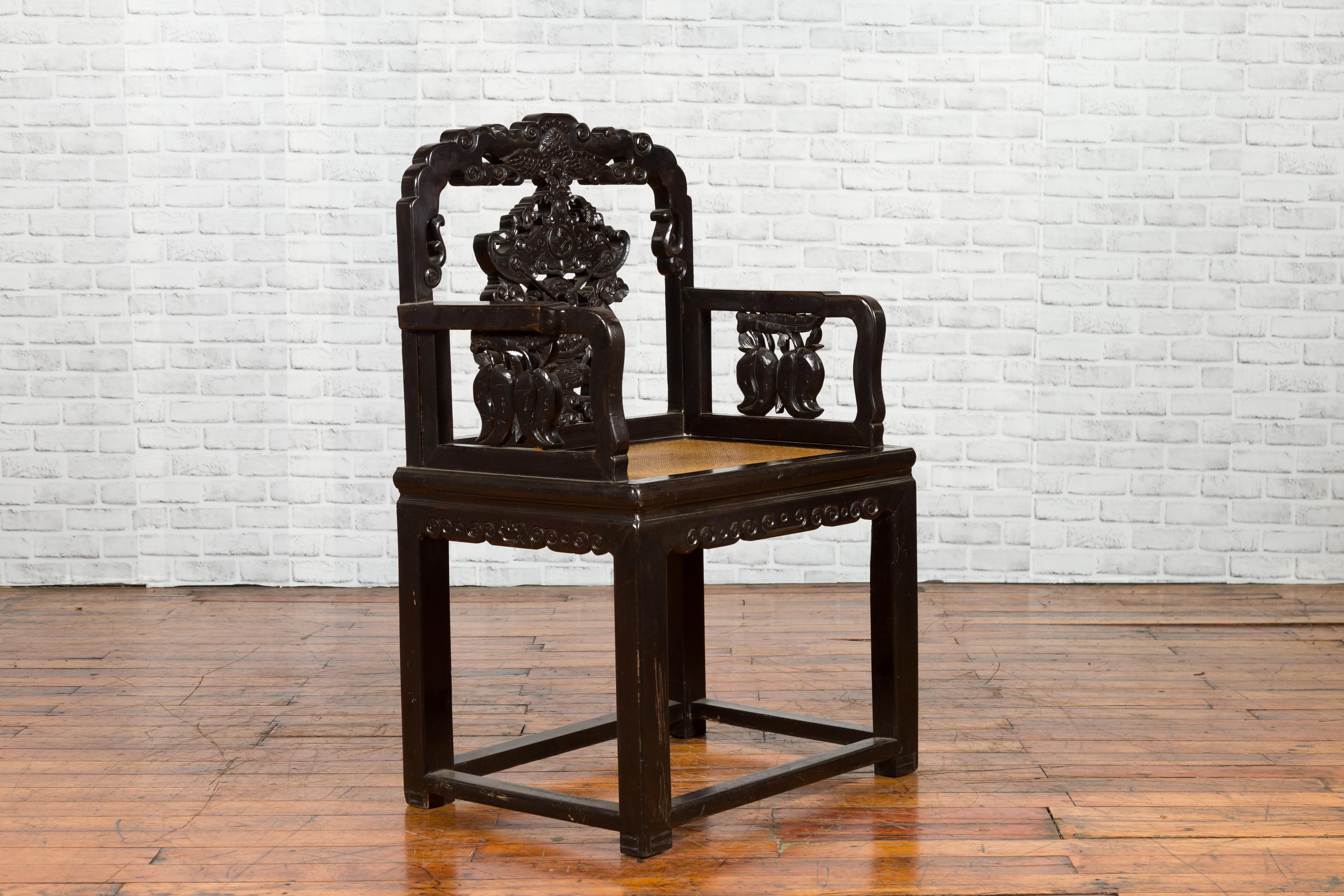 Chinese Qing Dynasty 19th Century Black Lacquered Hand Carved Chair with Rattan 4