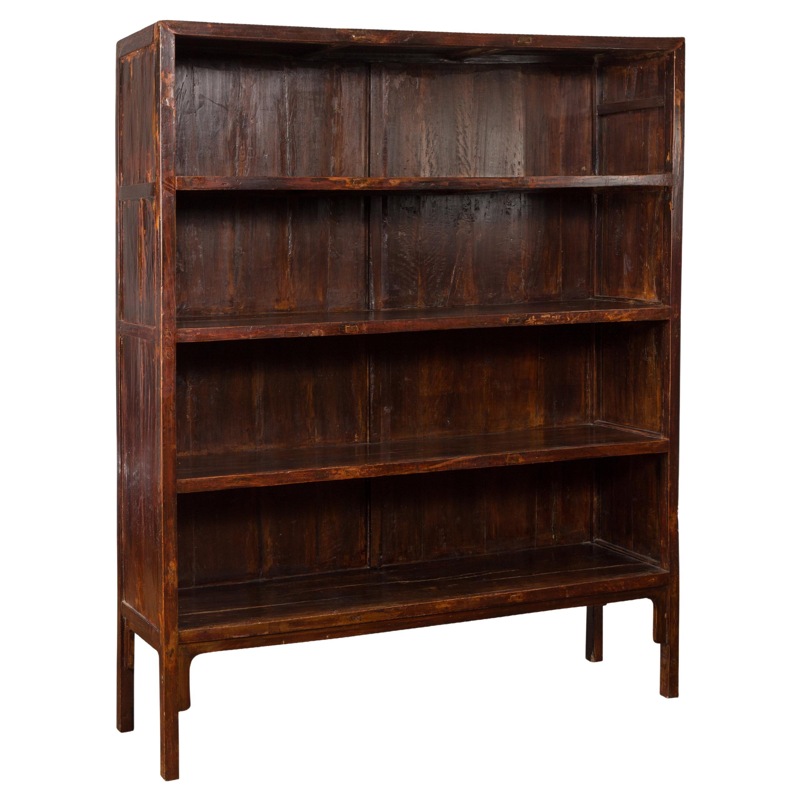 Chinese Qing Dynasty 19th Century Bookcase with Four Shelves and Dark Patina For Sale