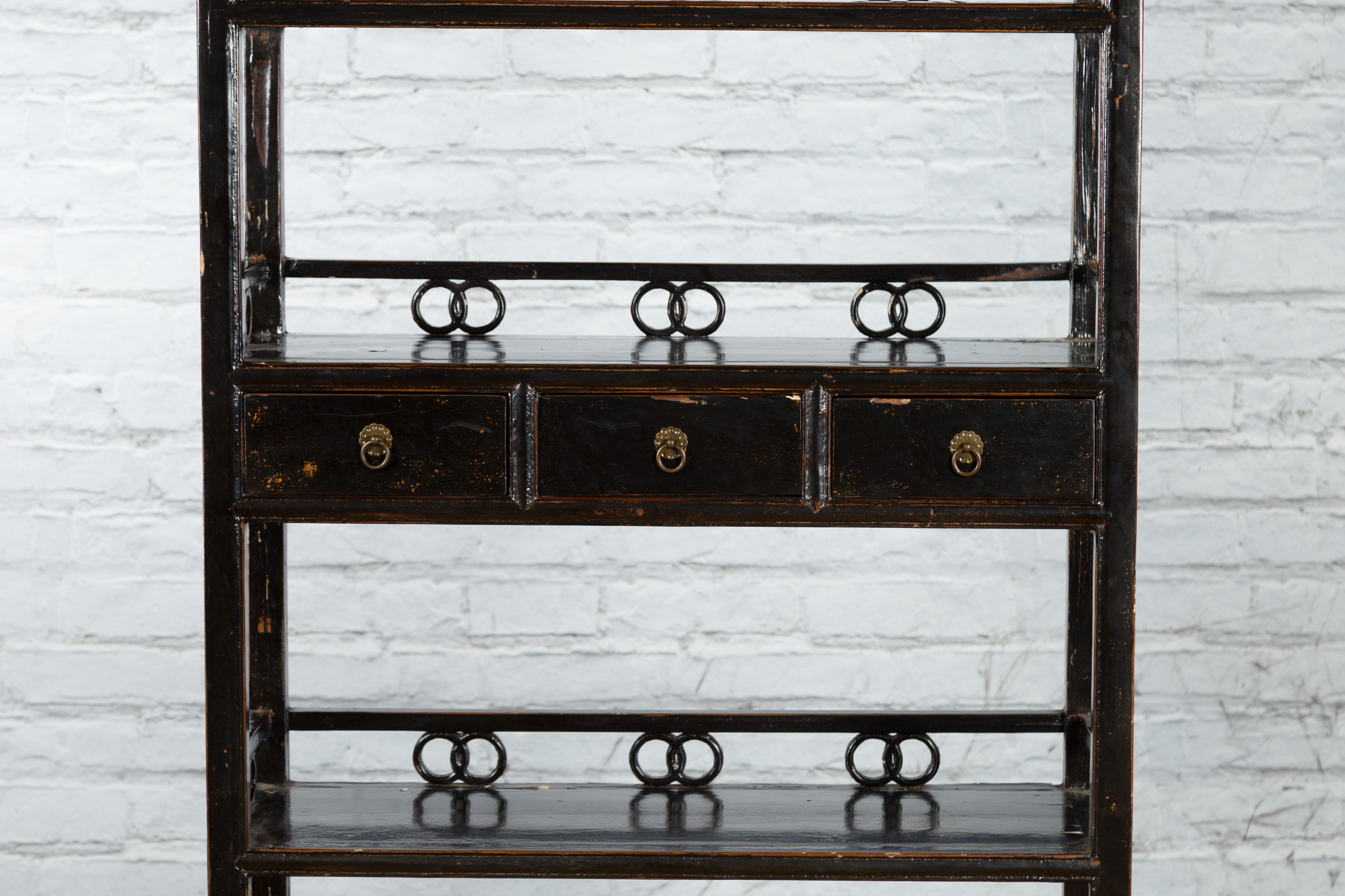 Chinese Qing Dynasty 19th Century Bookcase with Open Shelves and Ring Motifs 9