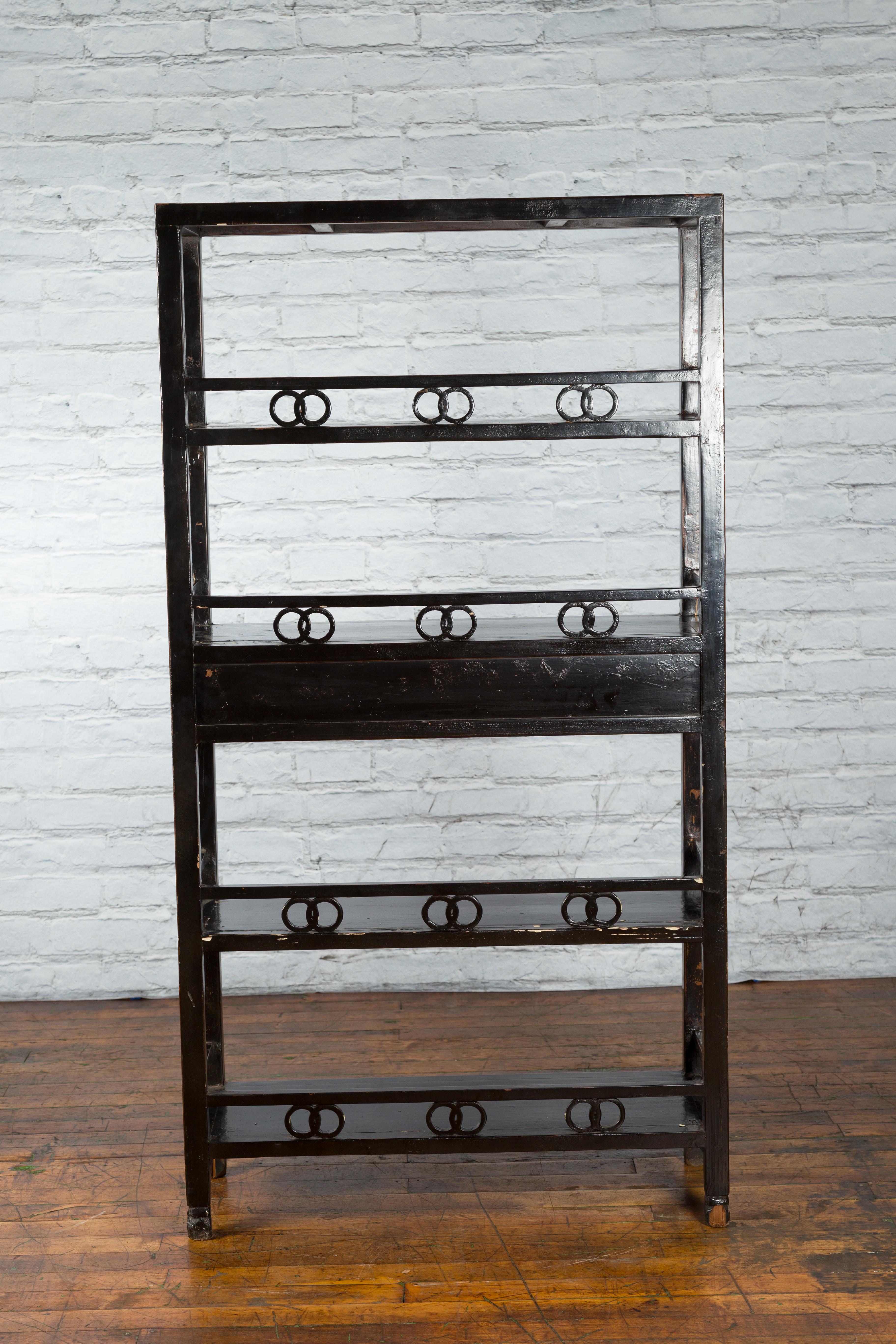Chinese Qing Dynasty 19th Century Bookcase with Open Shelves and Ring Motifs 1