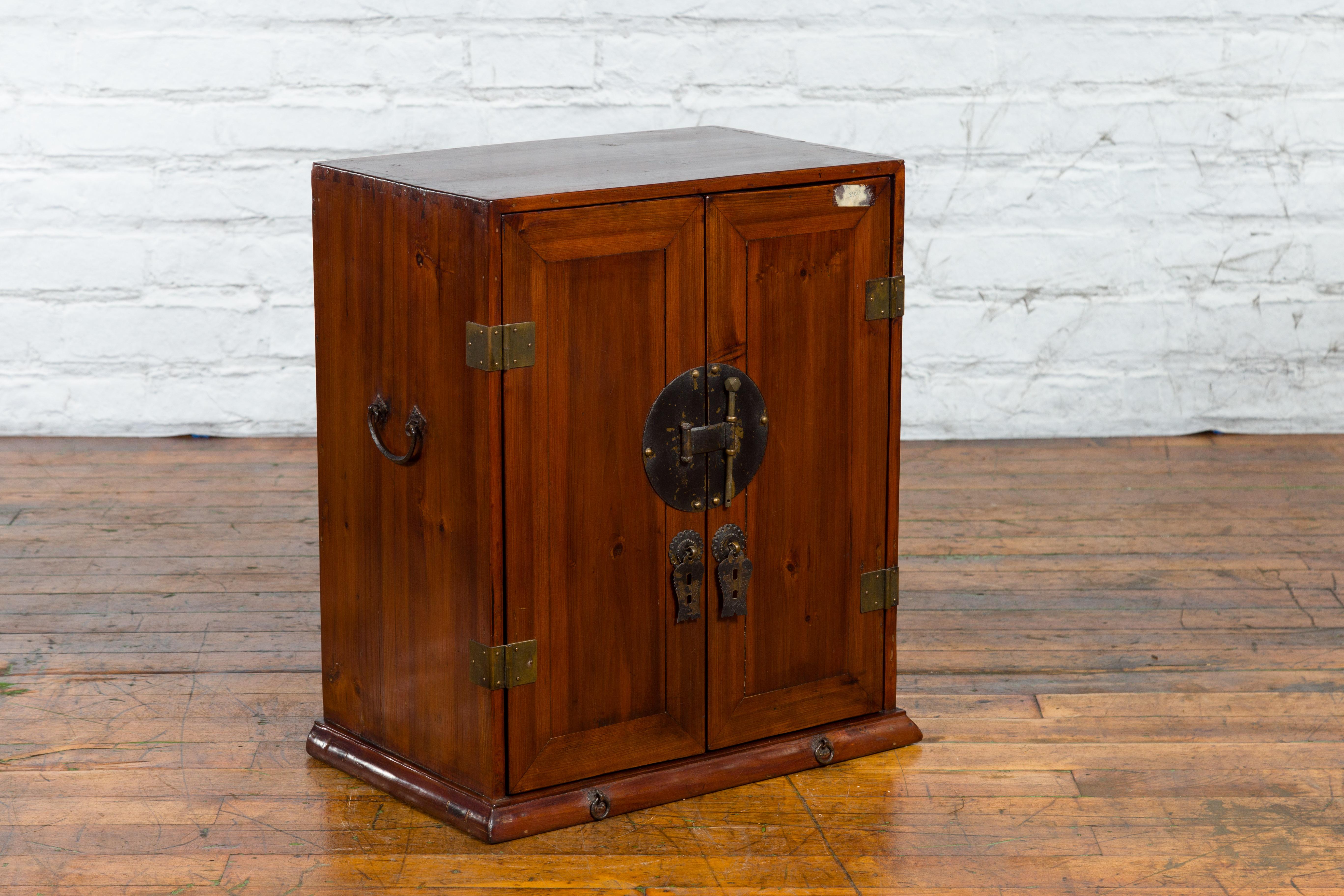 Chinese Qing Dynasty 19th Century Brown Elm Side Cabinet with Bronze Hardware For Sale 10