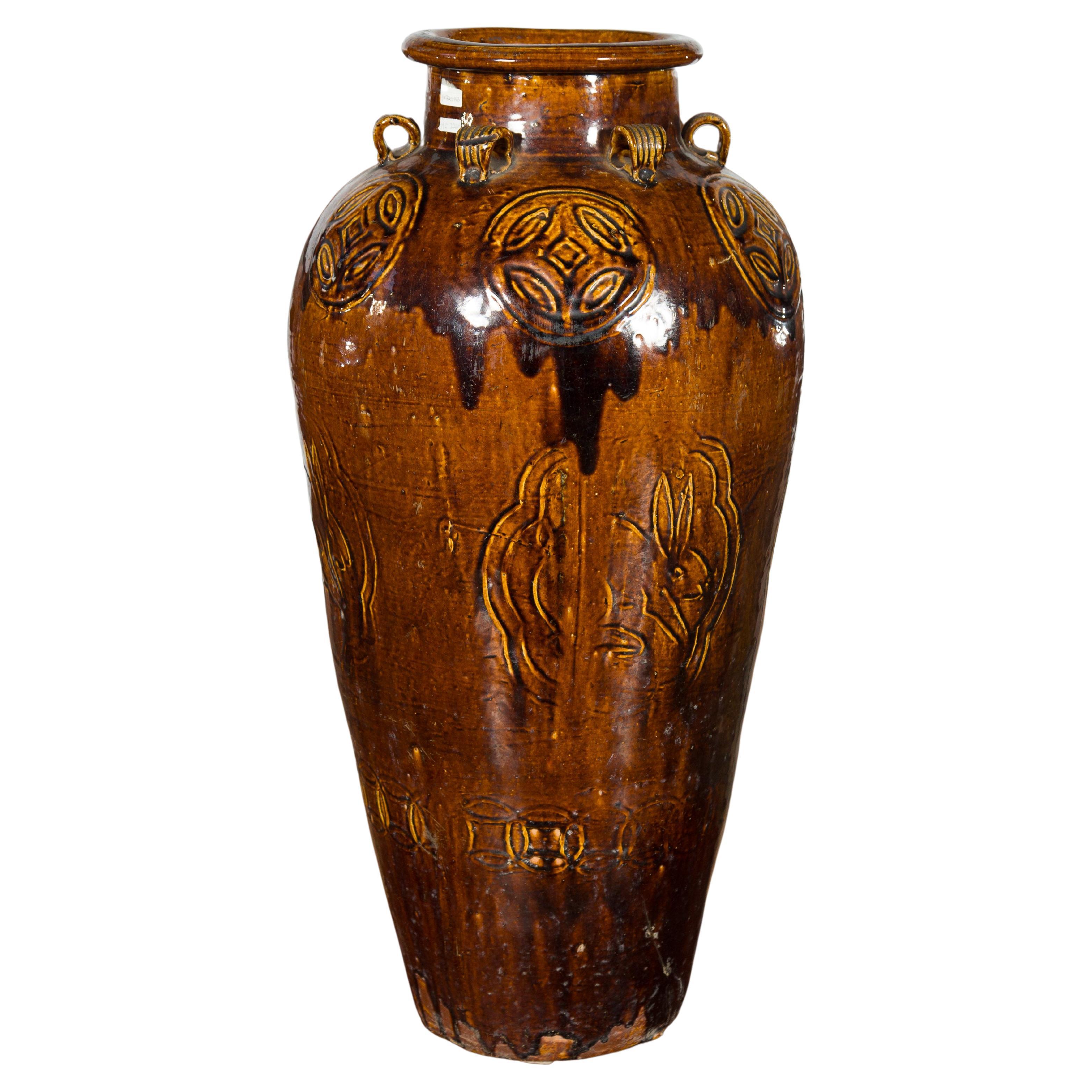 Chinese Qing Dynasty 19th Century Brown Glazed Jar with Loop Handles For Sale