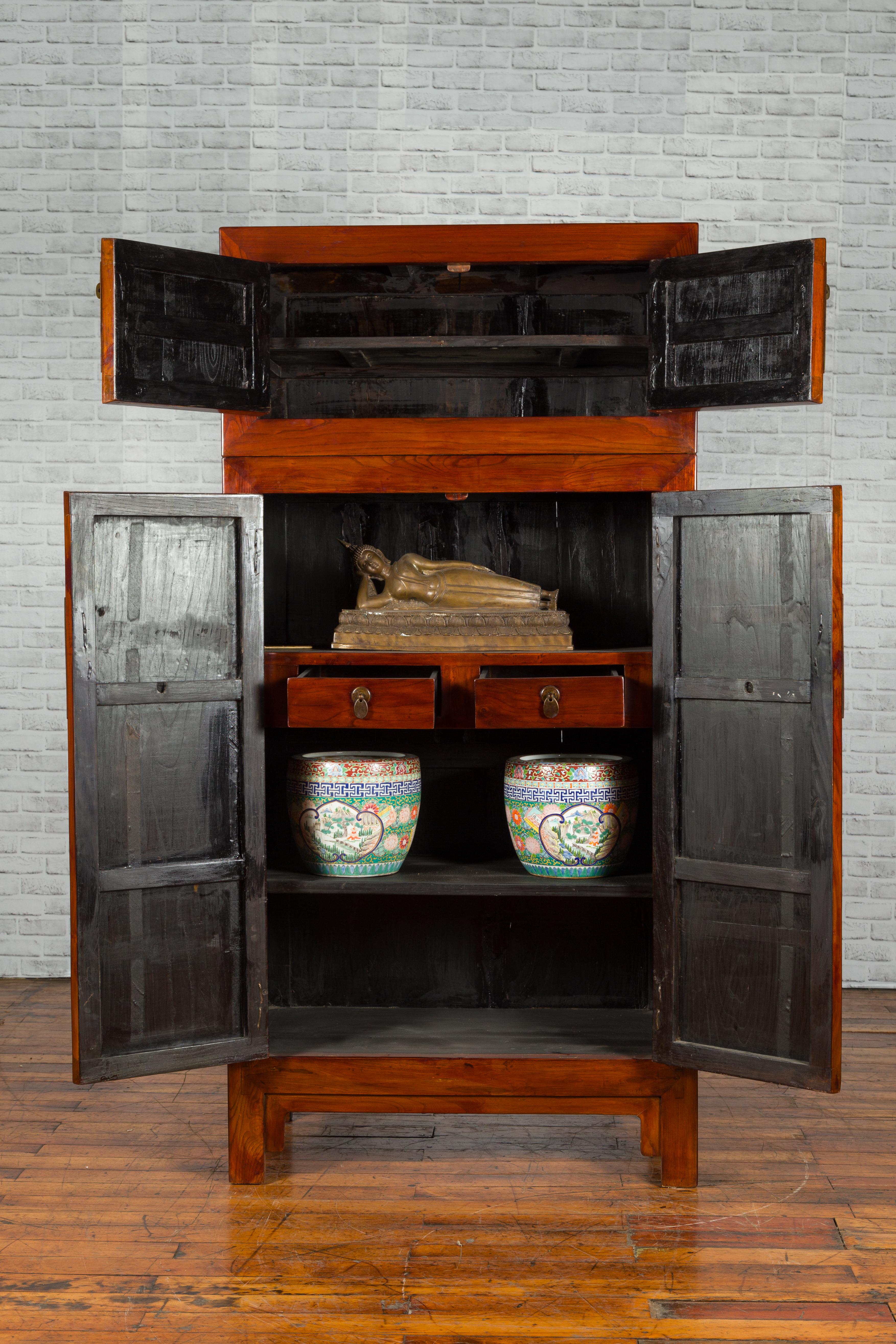 Wood Chinese Qing Dynasty 19th Century Brown Lacquer Cabinet with Brass Hardware For Sale
