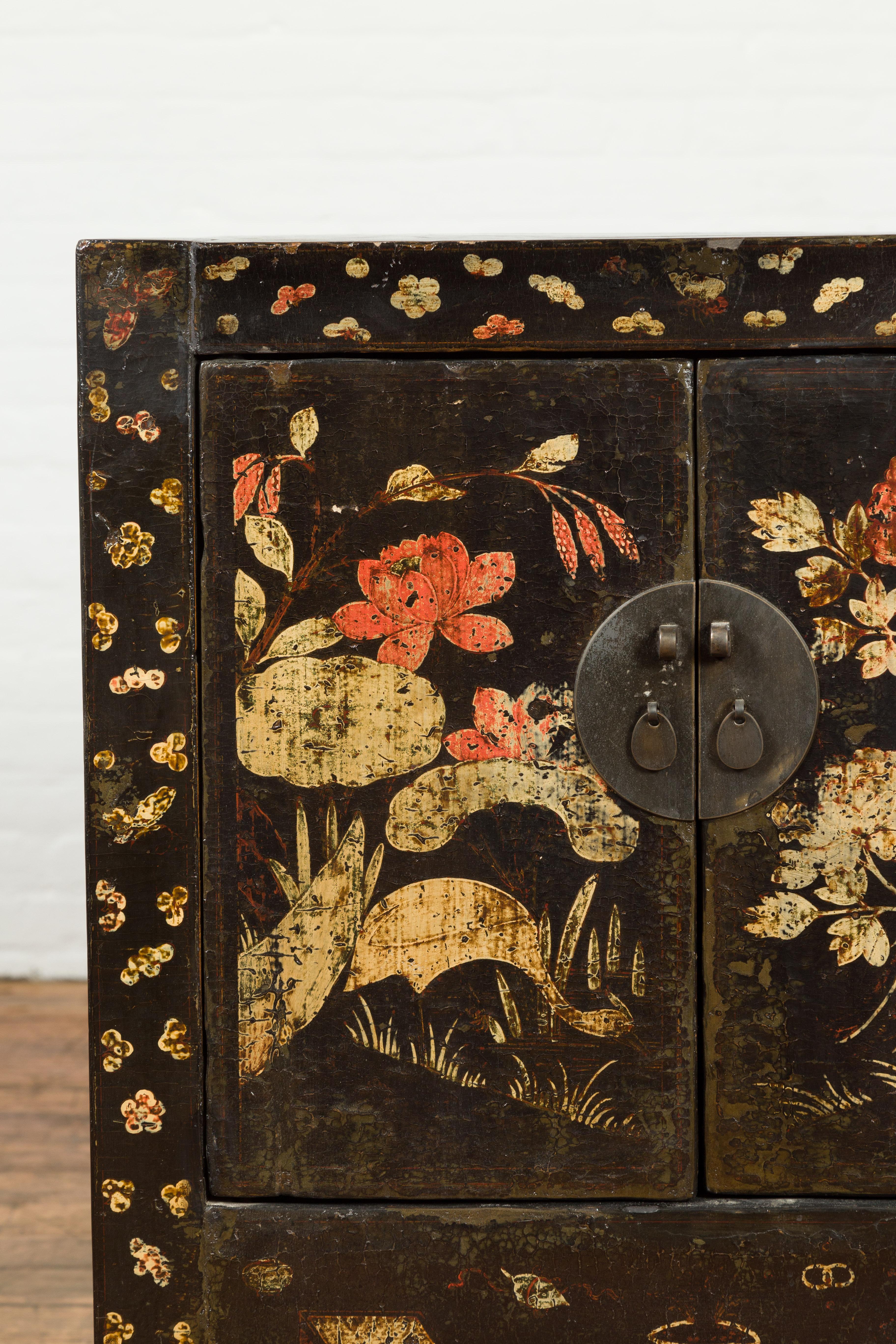 Chinese Qing Dynasty 19th Century Brown Lacquer Side Cabinet with Original Décor 5