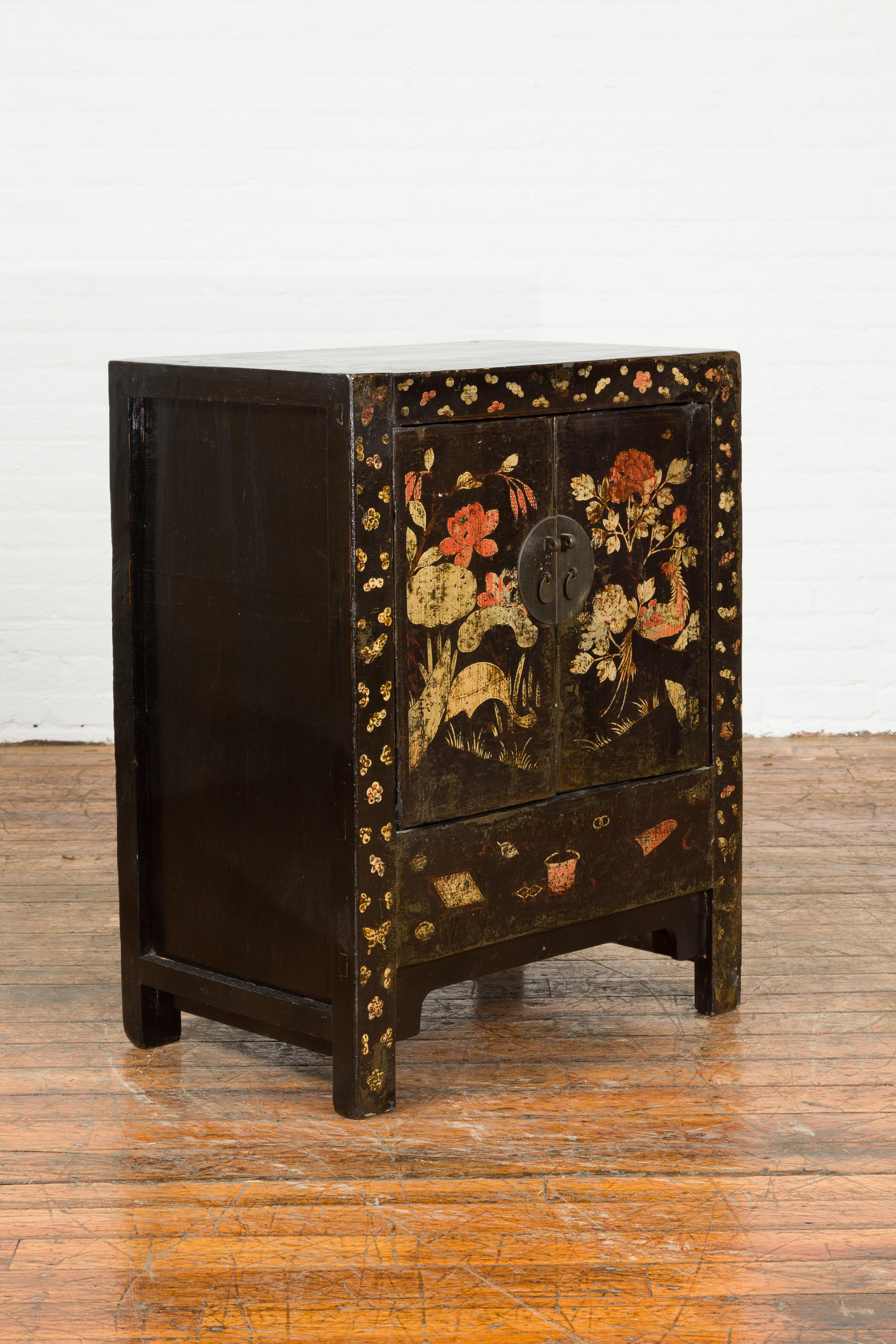Painted Chinese Qing Dynasty 19th Century Brown Lacquer Side Cabinet with Original Décor