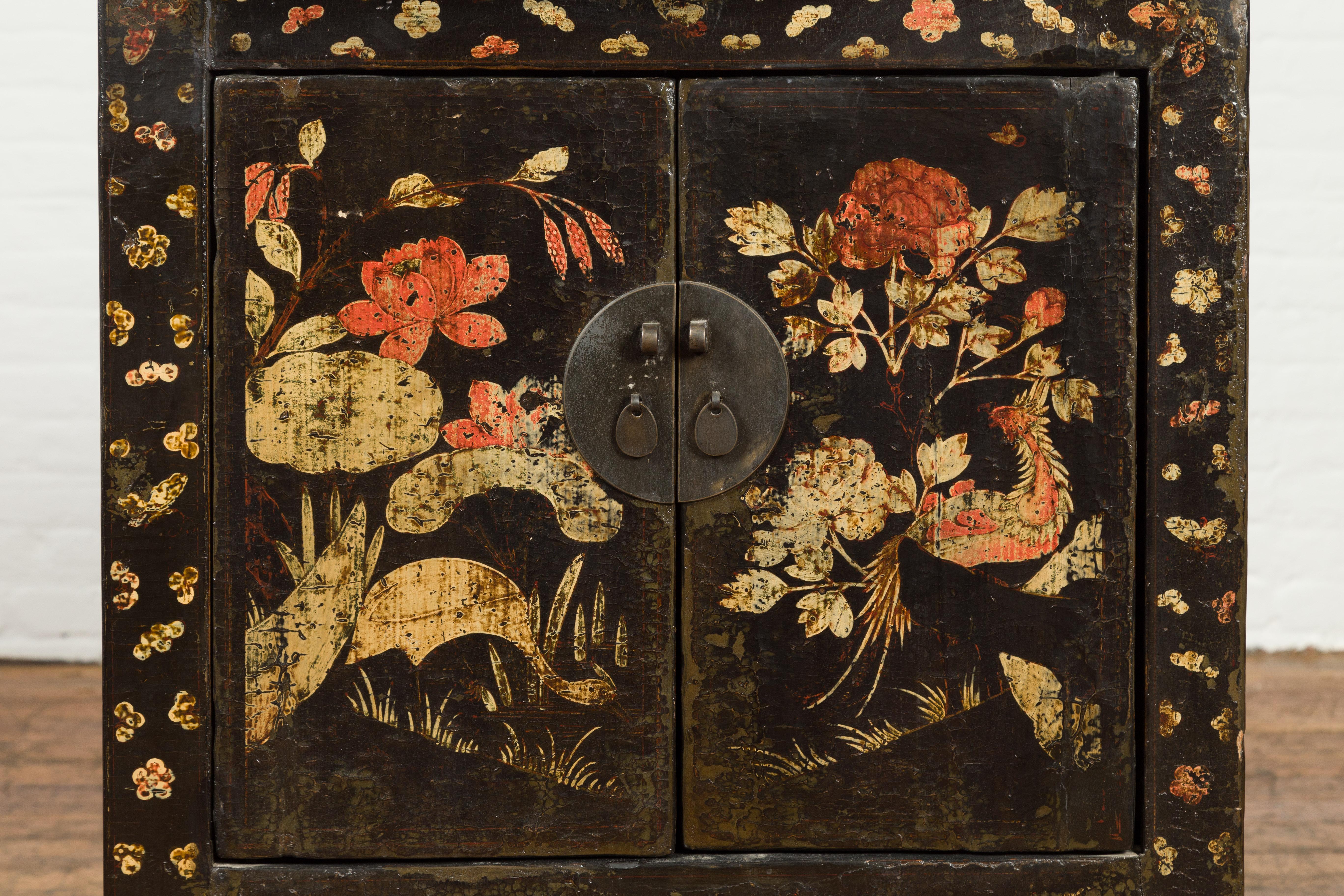 Chinese Qing Dynasty 19th Century Brown Lacquer Side Cabinet with Original Décor 3