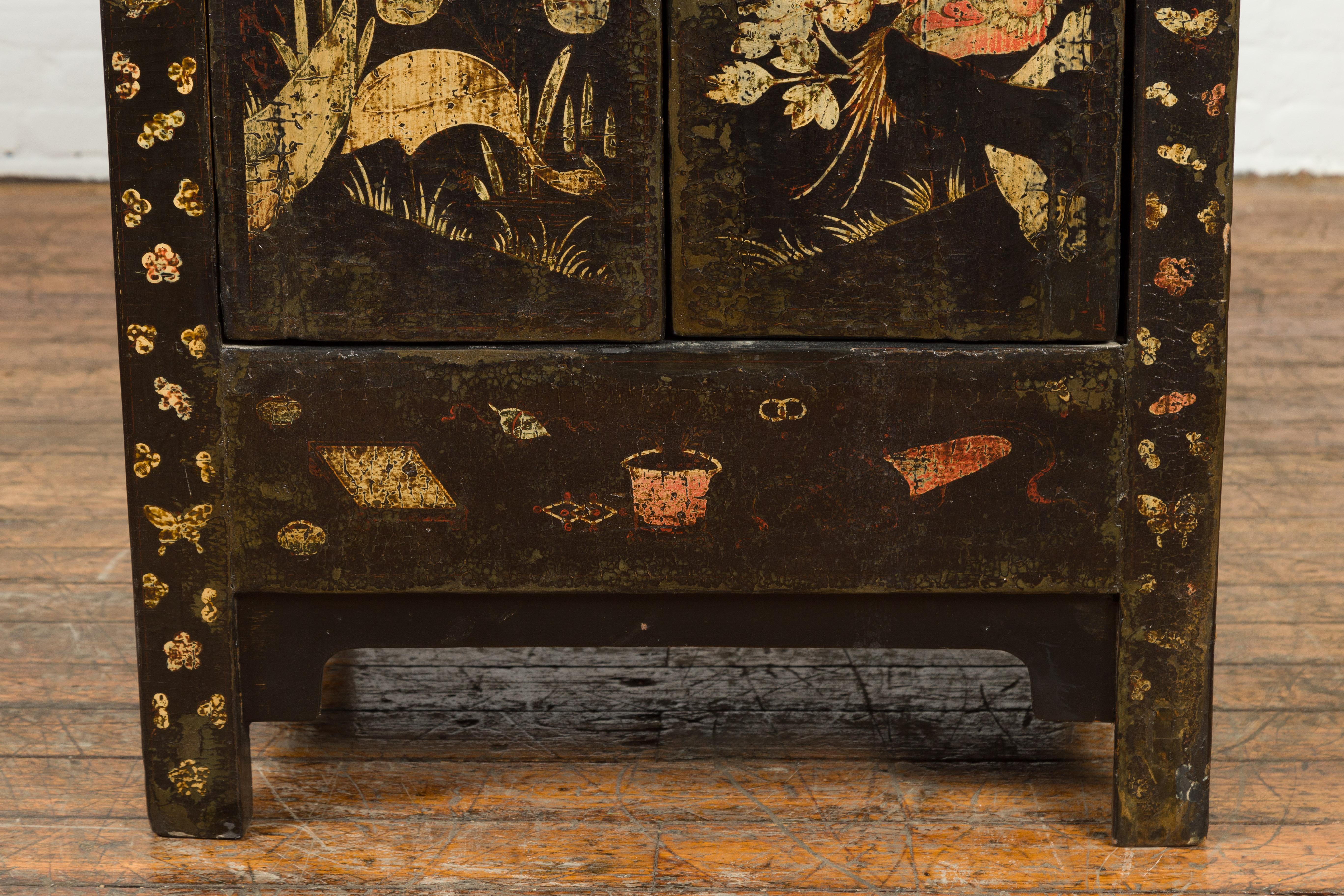 Chinese Qing Dynasty 19th Century Brown Lacquer Side Cabinet with Original Décor 4