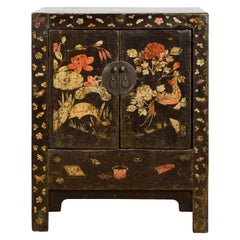 Chinese Qing Dynasty 19th Century Brown Lacquer Side Cabinet with Original Décor