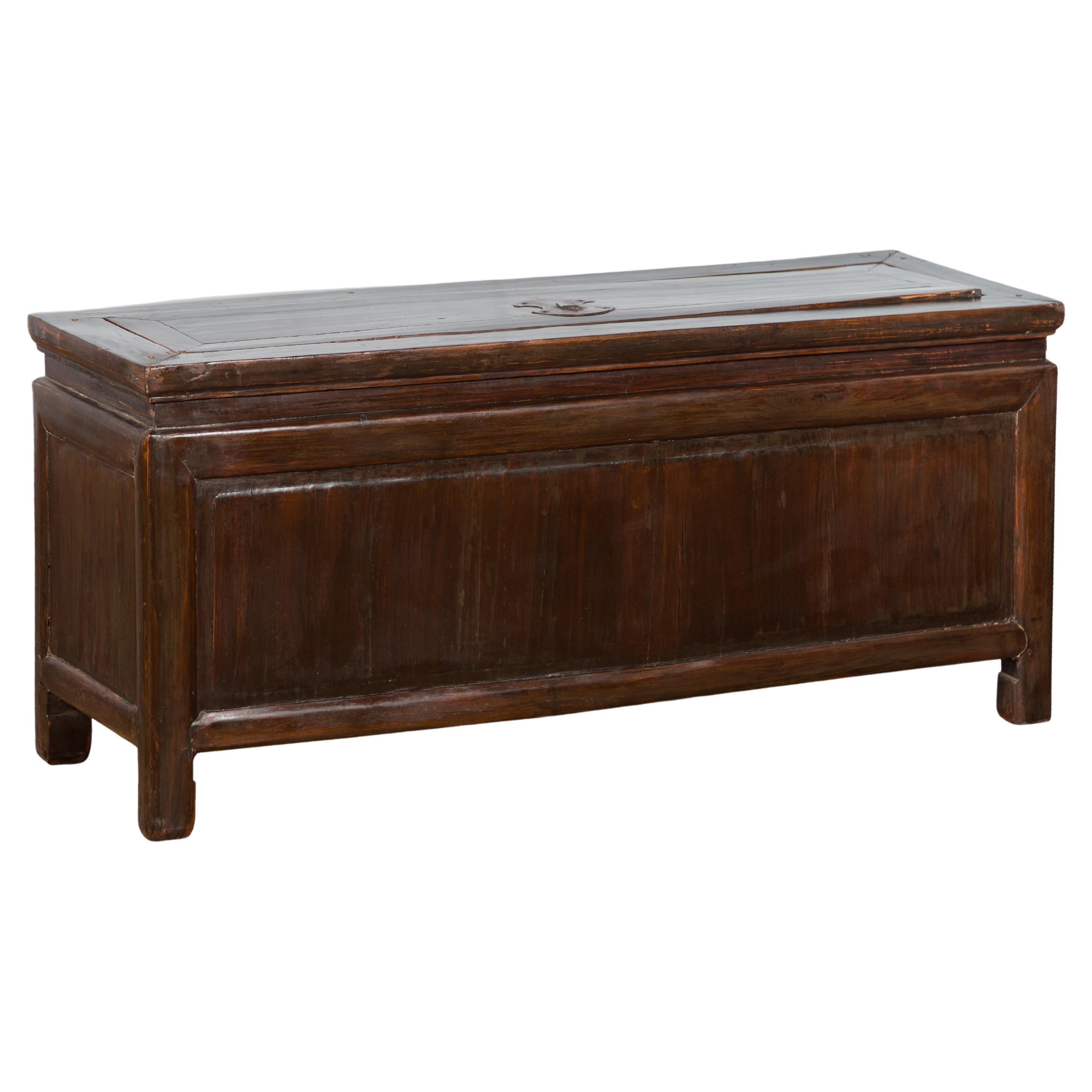 Qing Dynasty 19th Century Brown Lacquered Coffer with Brass Hardware