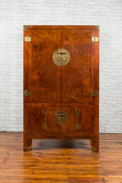 Chinese Early 20th Century Burl and Elm Cabinet with Brass Medallions