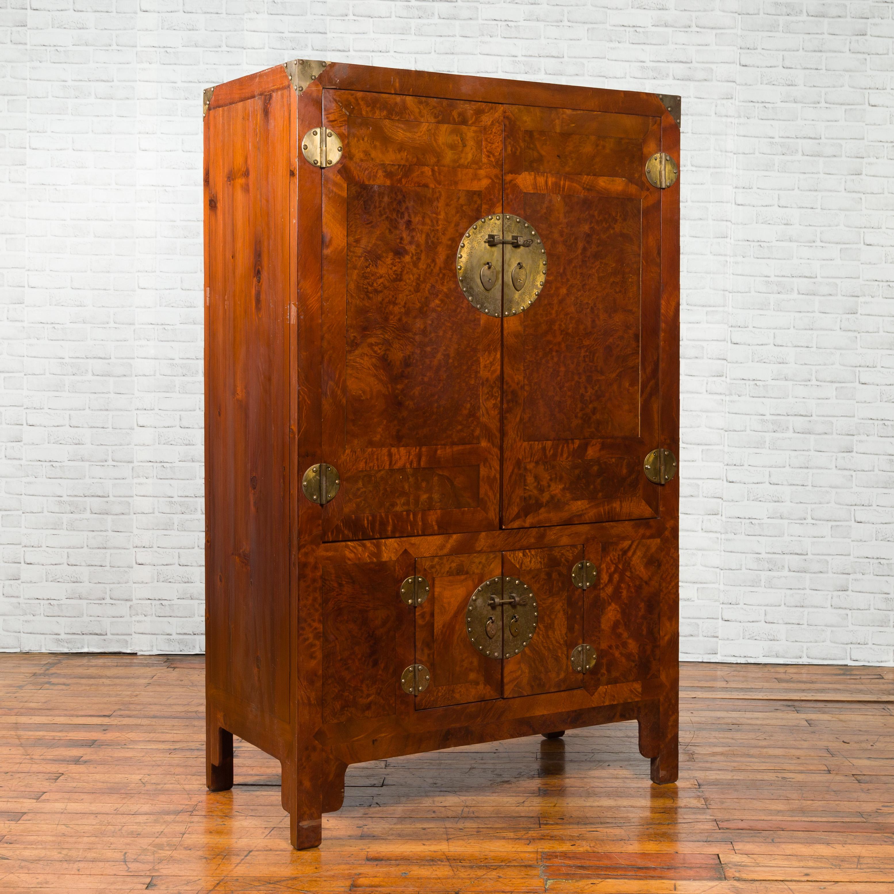 Qing Chinese Early 20th Century Burl and Elm Cabinet with Brass Medallions