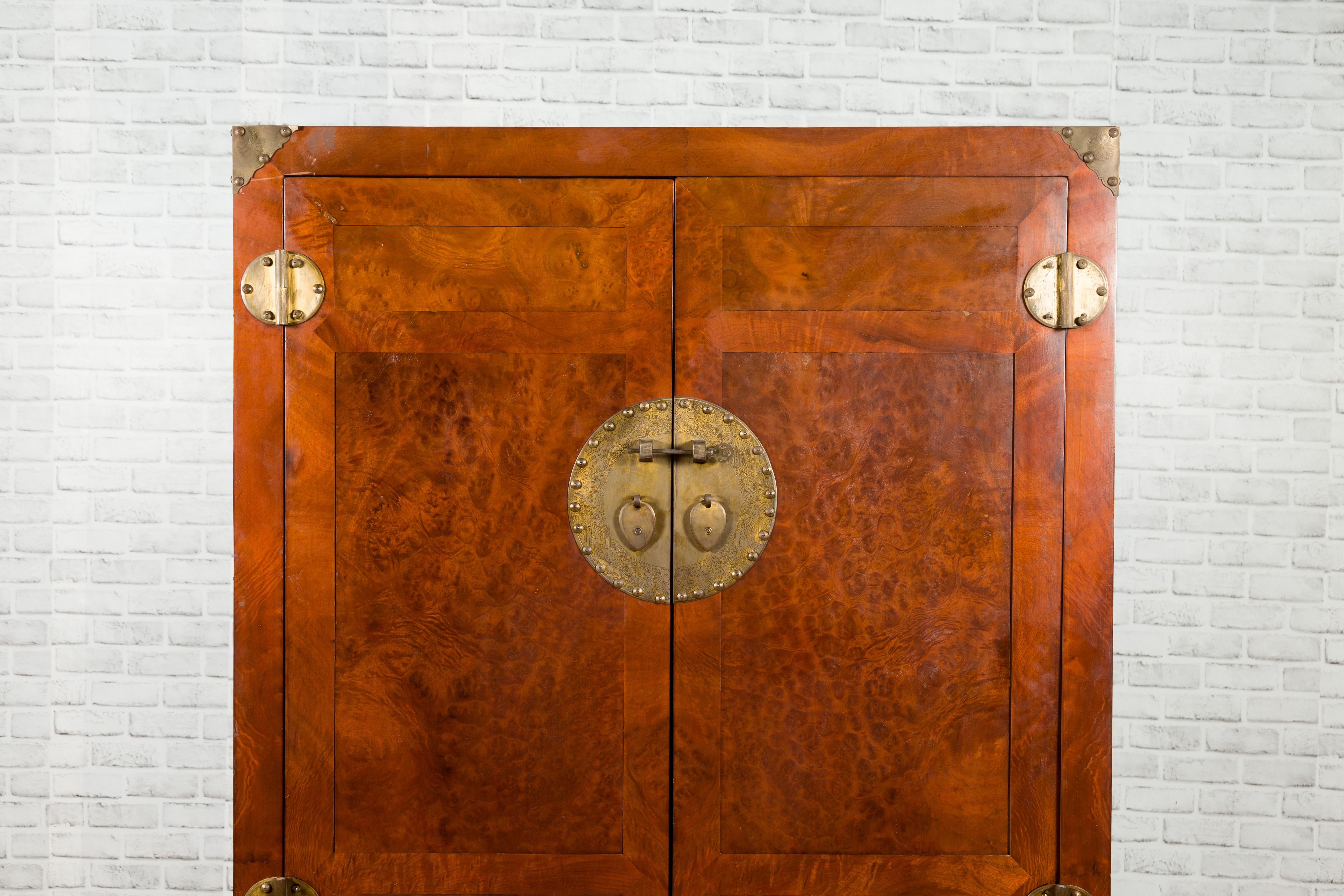 Chinese Early 20th Century Burl and Elm Cabinet with Brass Medallions In Good Condition In Yonkers, NY