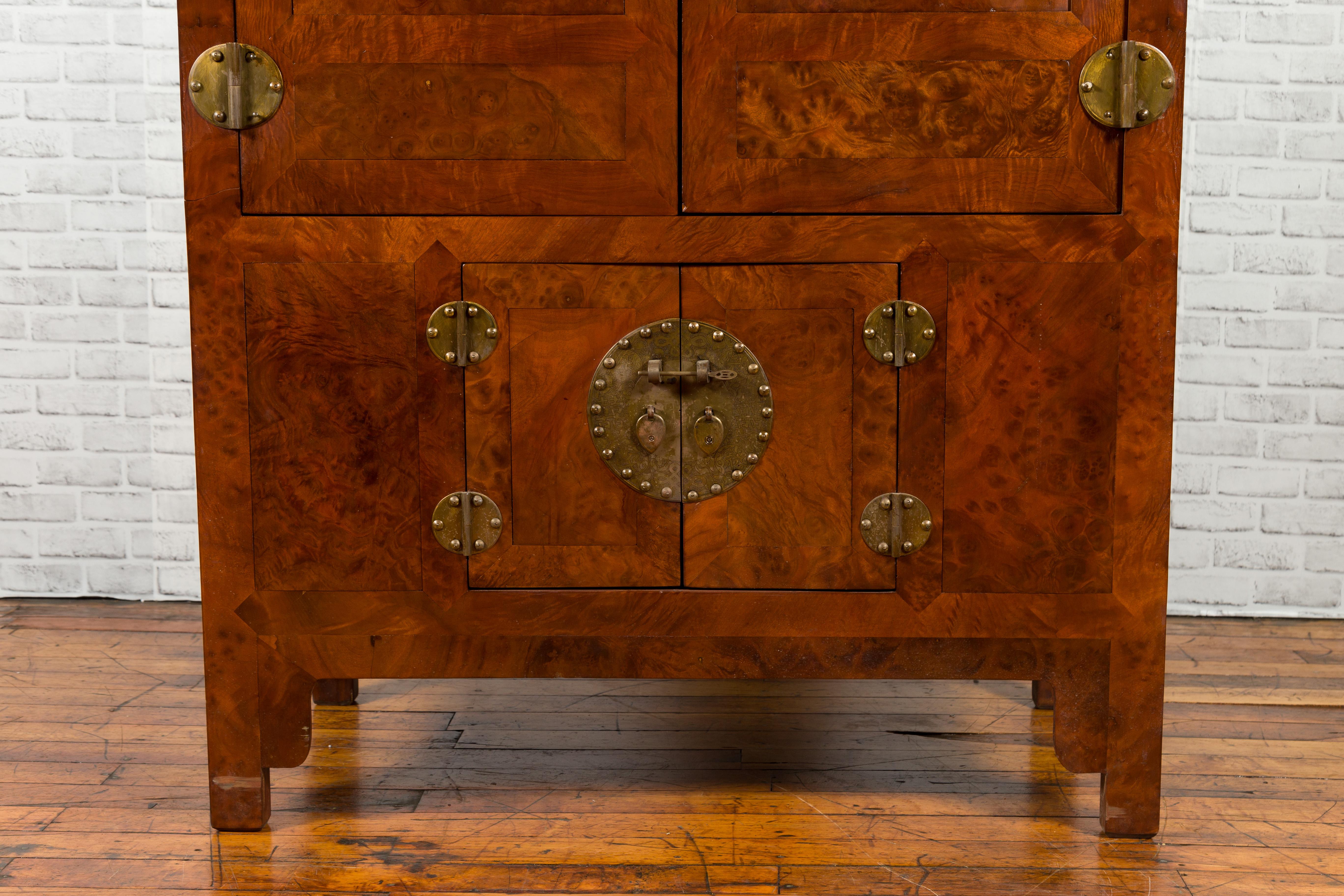 Chinese Early 20th Century Burl and Elm Cabinet with Brass Medallions 2