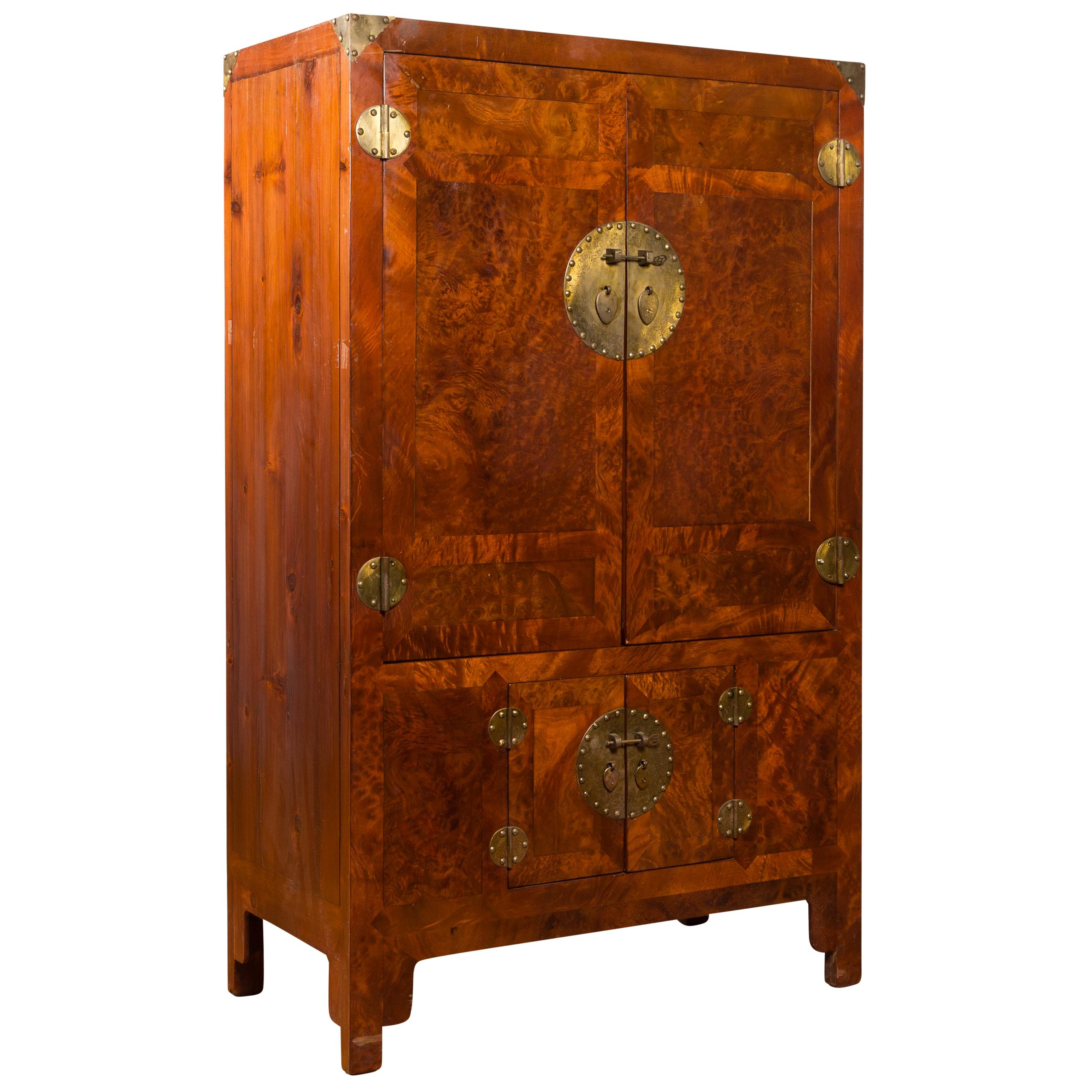 Chinese Early 20th Century Burl and Elm Cabinet with Brass Medallions