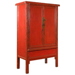 Antique Chinese Qing Dynasty 19th Century Cabinet from Shanxi with Original Red Lacquer