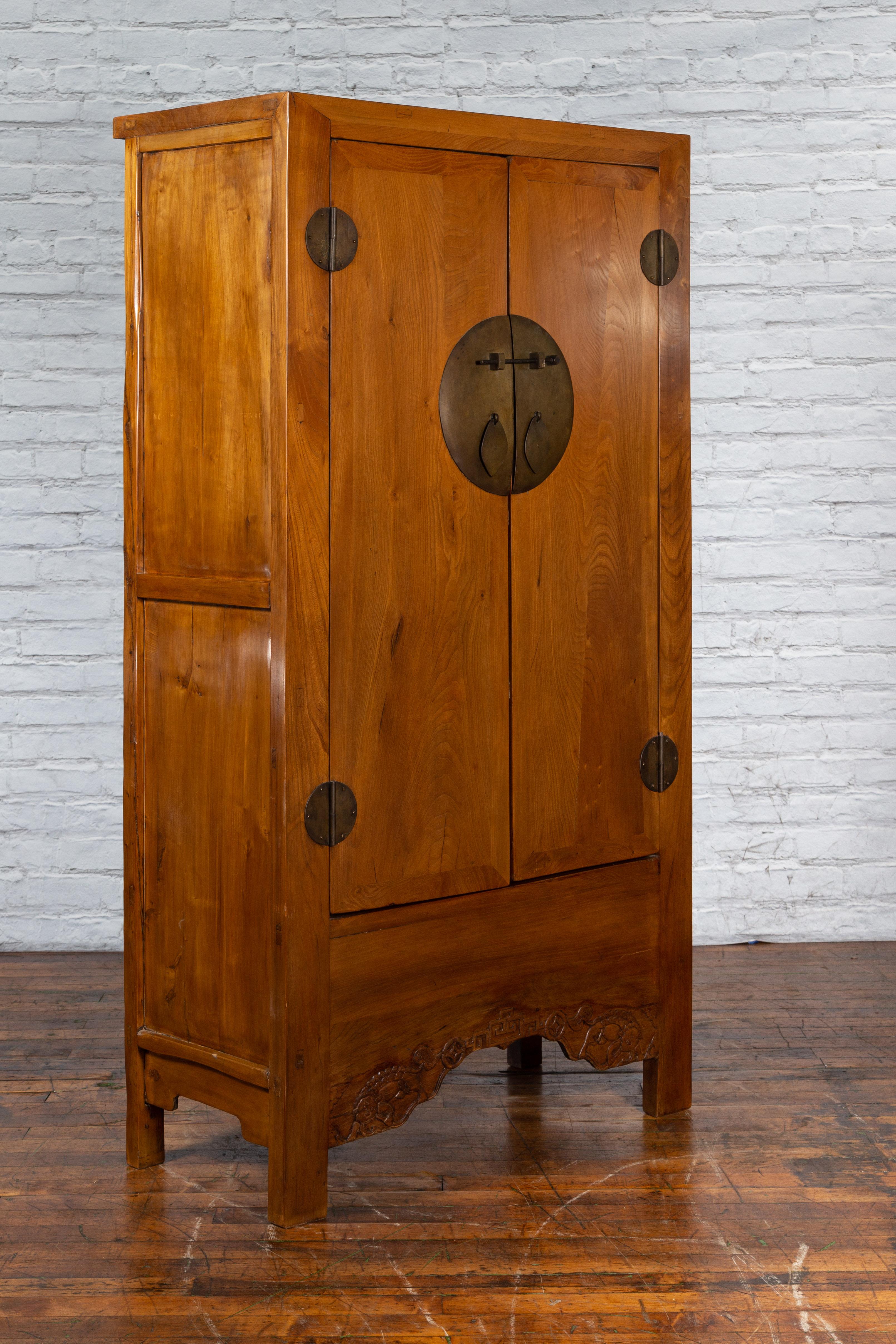 Chinese Qing Dynasty 19th Century Cabinet with Carved Apron and Bronze Hardware In Good Condition For Sale In Yonkers, NY