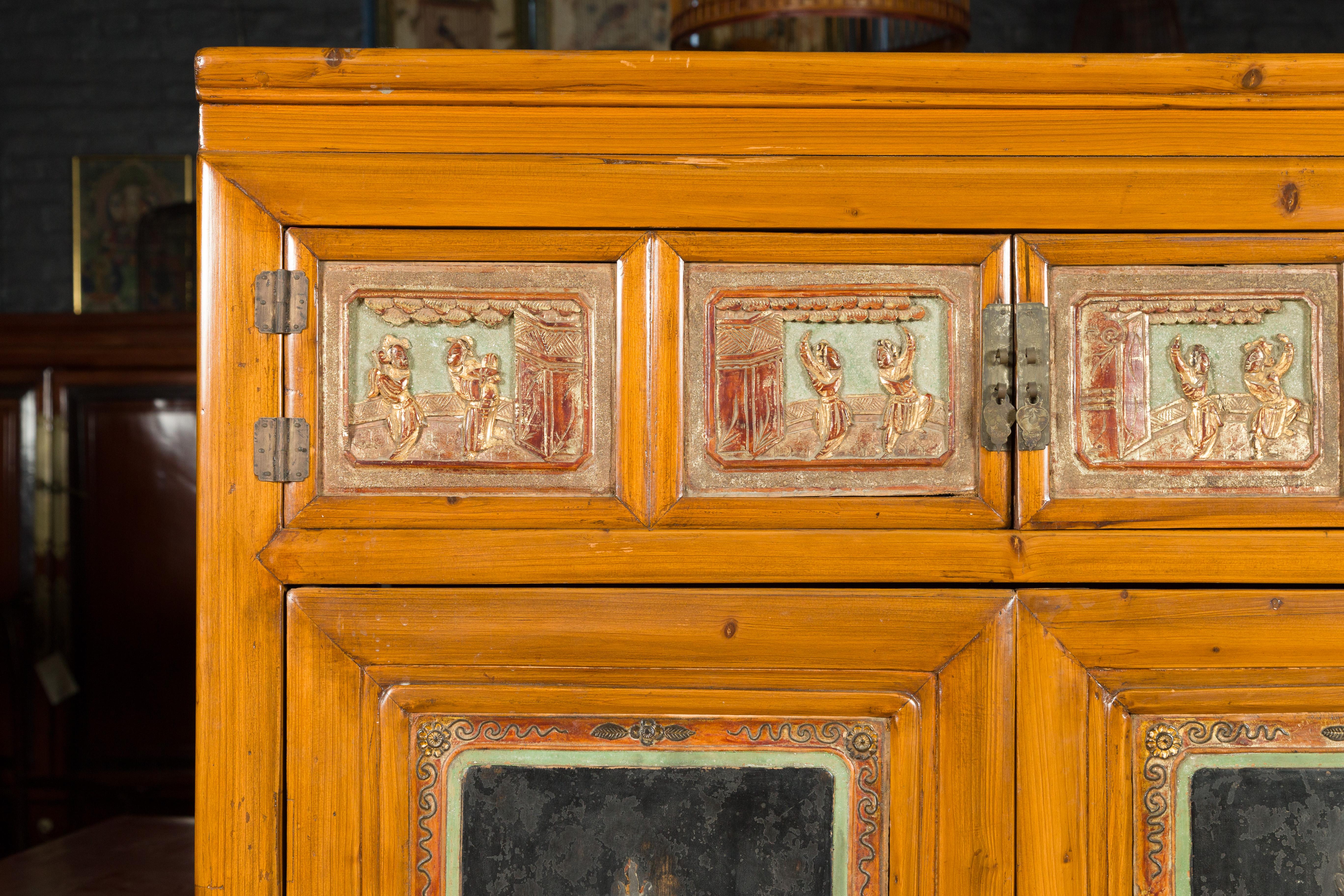 Carved Chinese Qing Dynasty 19th Century Cabinet with Guanyin and Daoist Immortals For Sale