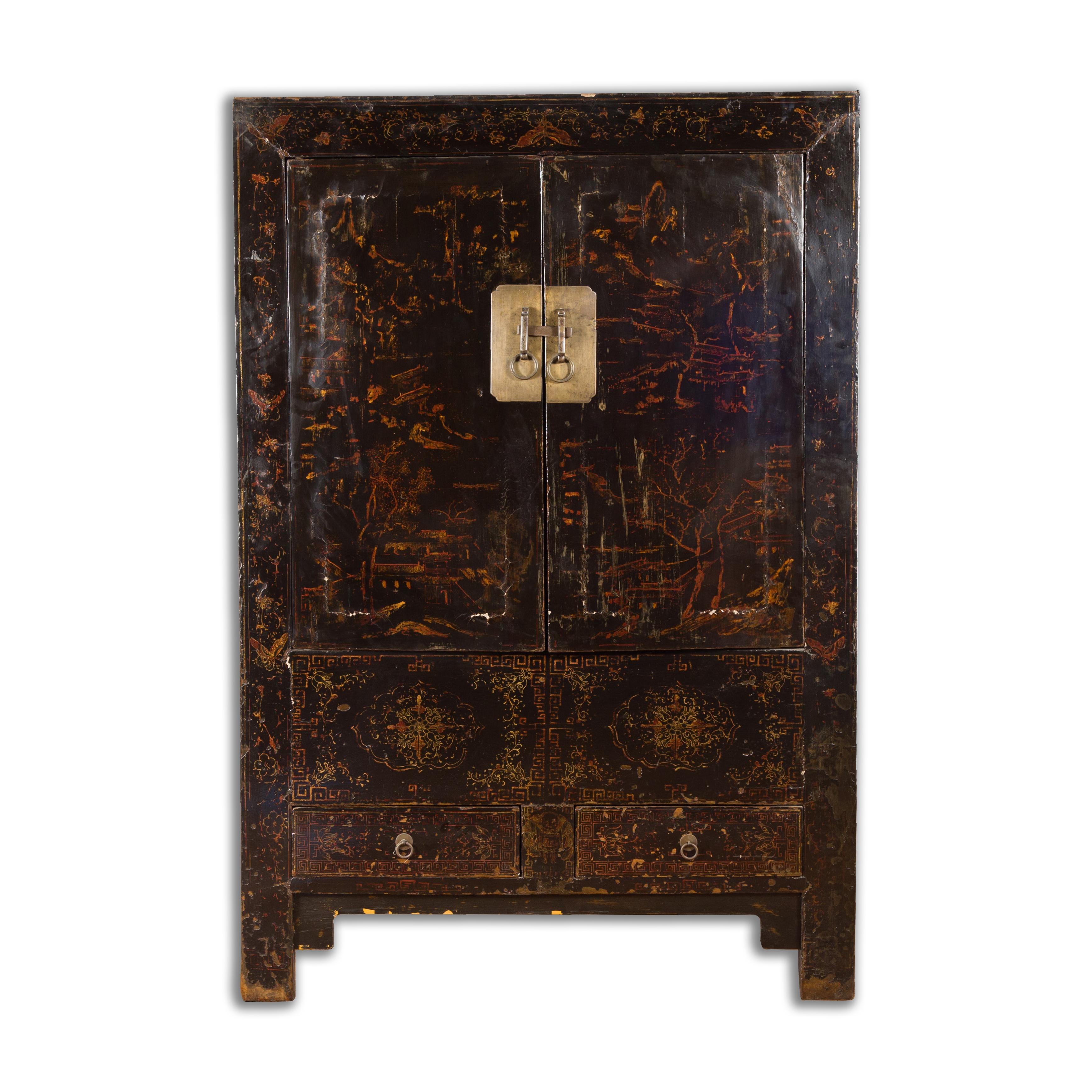 Cabinet de la dynastie chinoise Qing du 19ème siècle avec finition originale en laque noire en vente 11