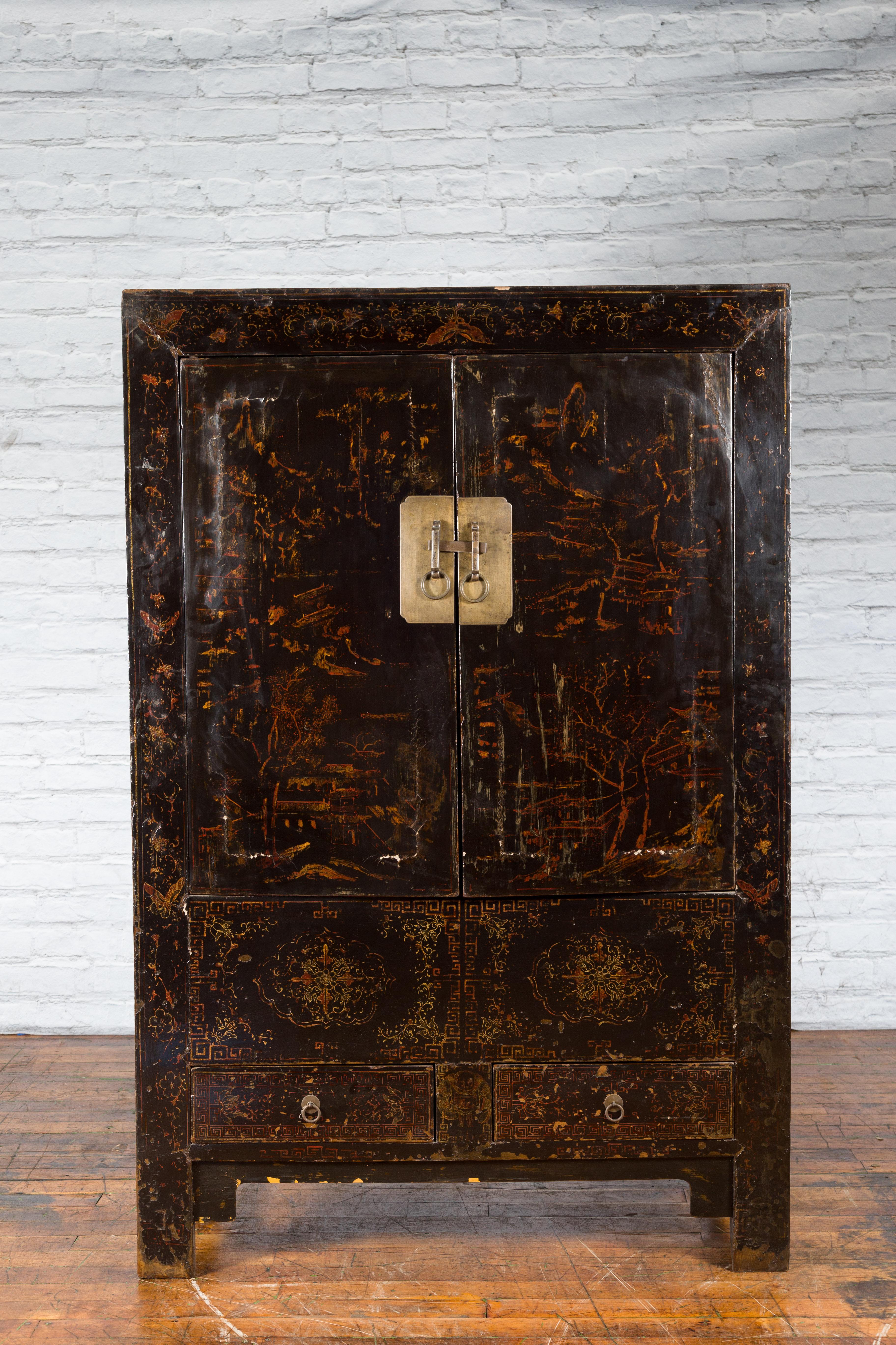 Lacquered Chinese Qing Dynasty 19th Century Cabinet with Original Black Lacquer Finish For Sale