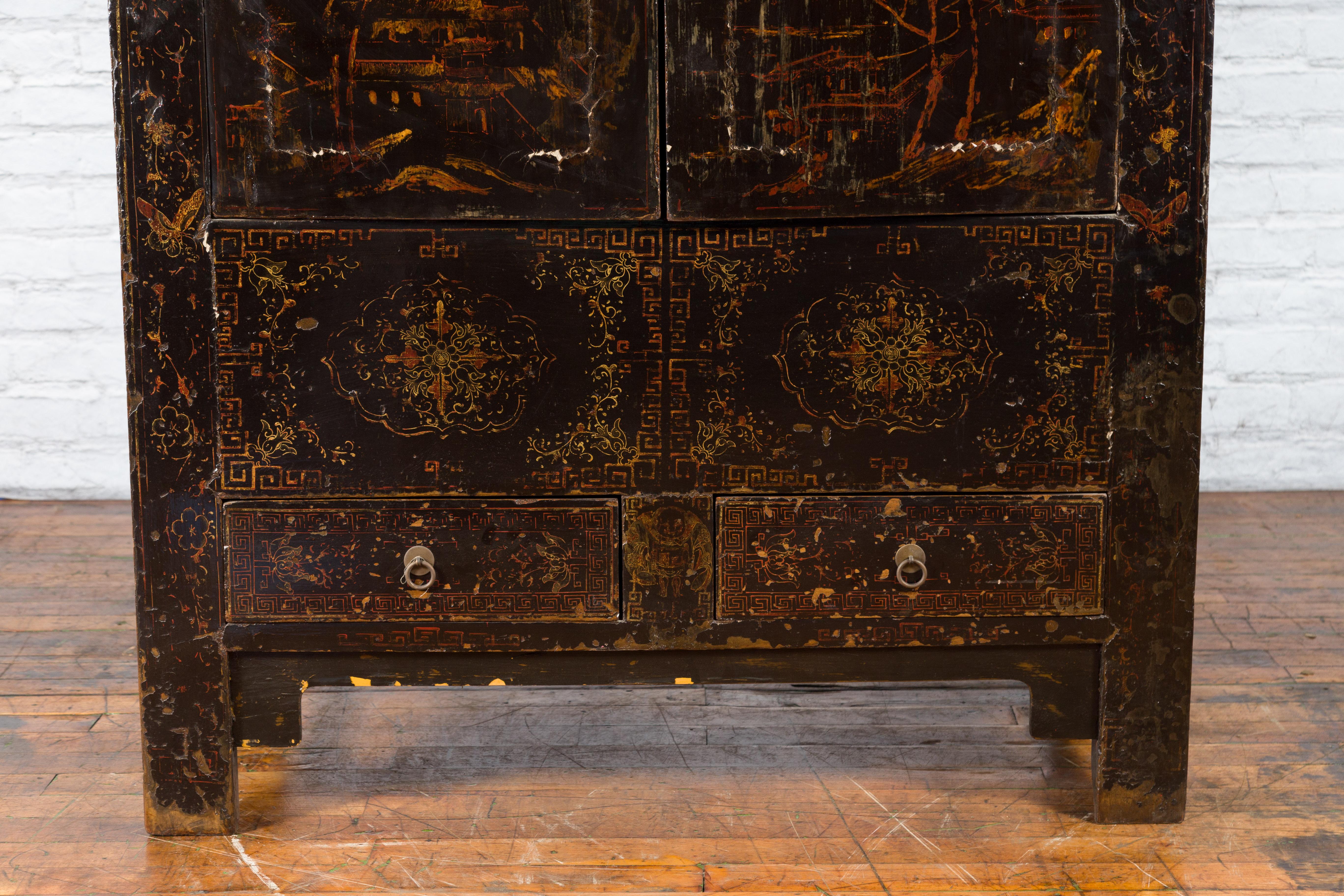 XIXe siècle Cabinet de la dynastie chinoise Qing du 19ème siècle avec finition originale en laque noire en vente