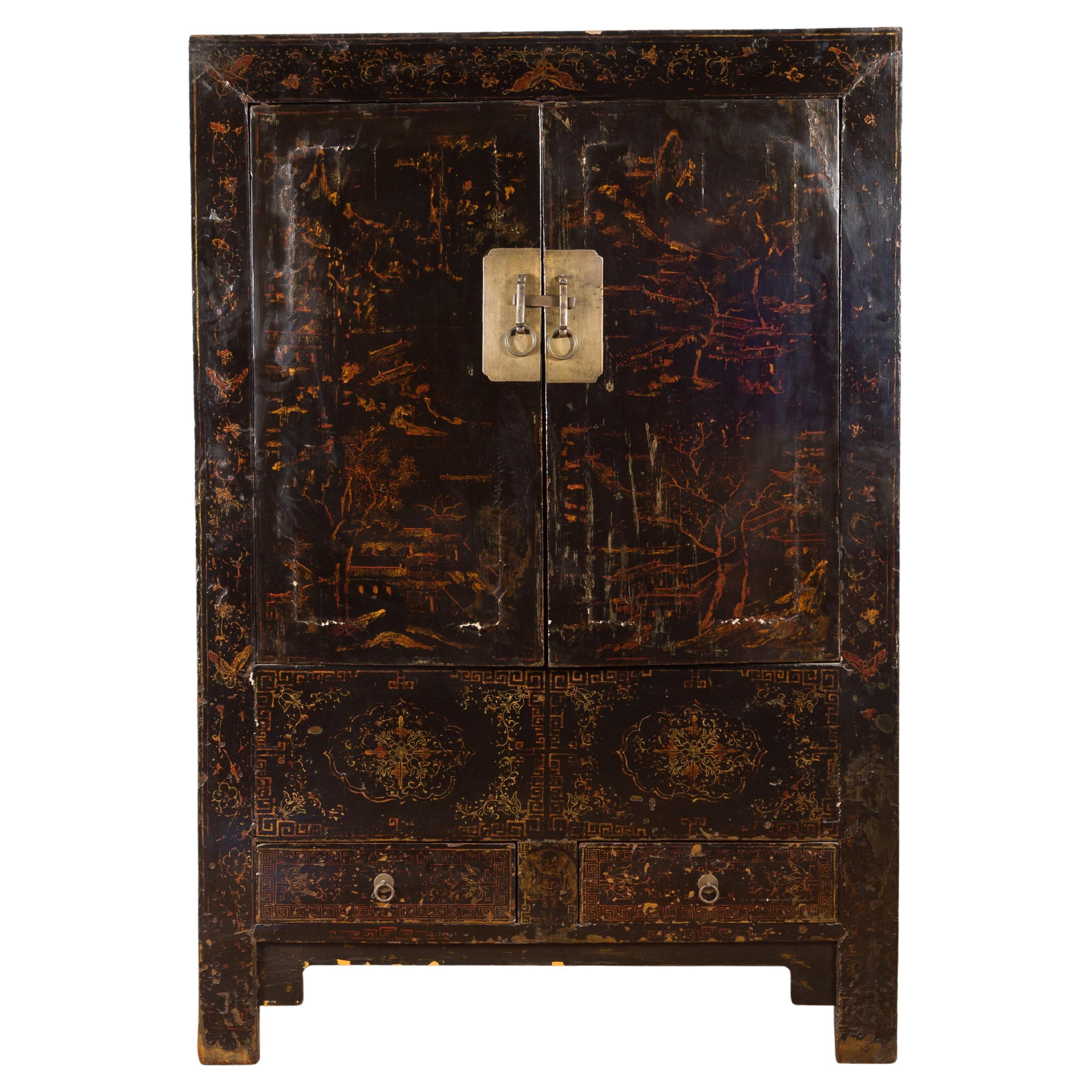 Cabinet de la dynastie chinoise Qing du 19ème siècle avec finition originale en laque noire
