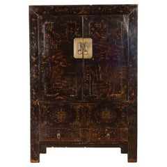 Antique Chinese Qing Dynasty 19th Century Cabinet with Original Black Lacquer Finish